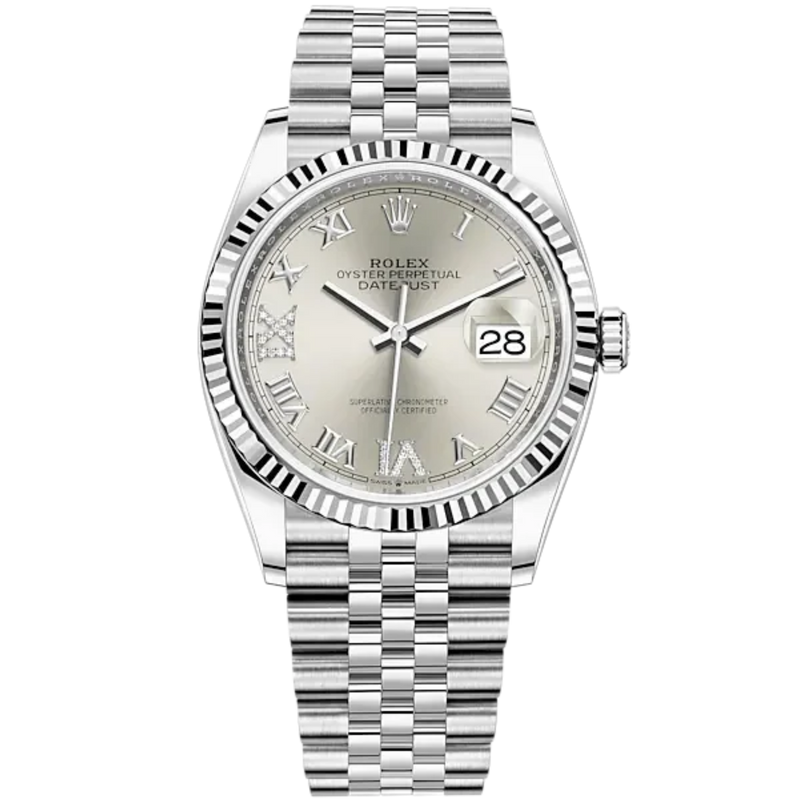 Rolex Datejust Ref. 126234 36mm Jubilee Bracelet and White Gold with Silver Roman Dial Fluted Bezel - Rolex