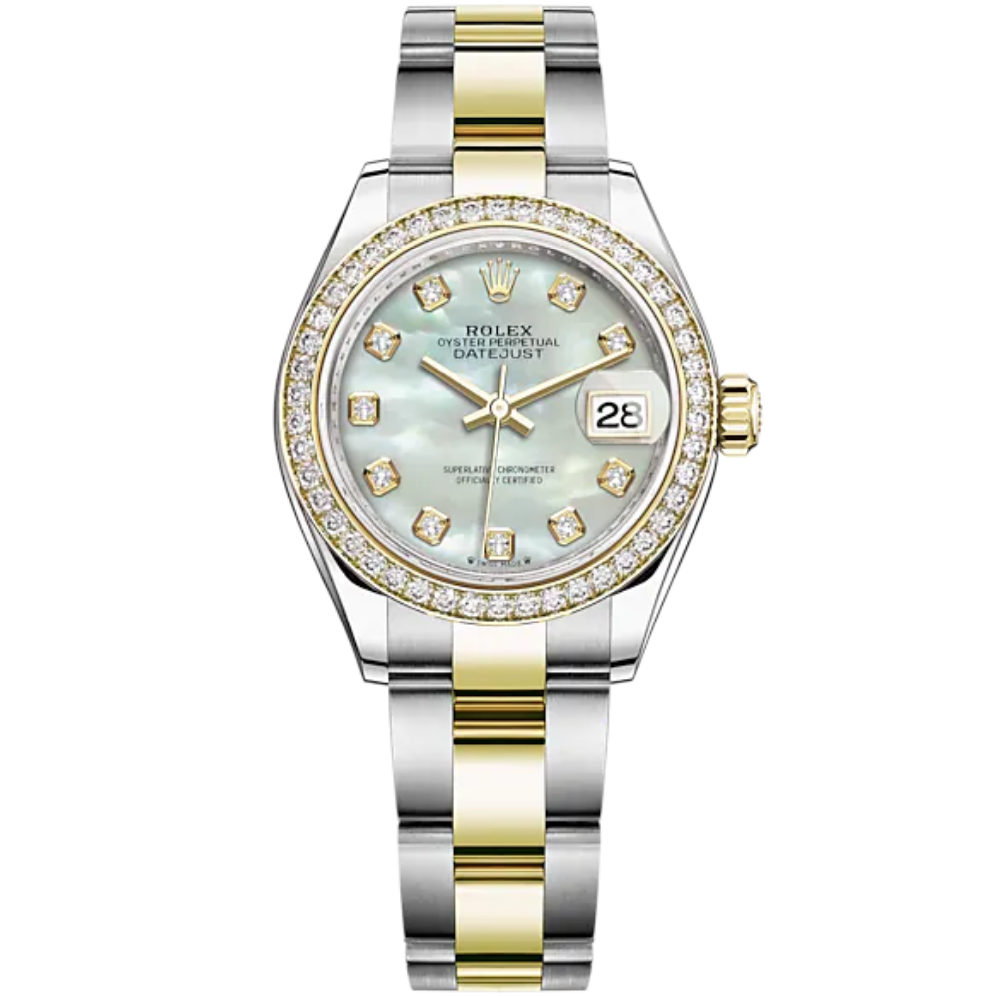 Lady-DateJust 28mm Oyster Oystersteel Bracelet and Yellow Gold with White Mother-of-Pearl Diamond-Set Dial Diamond-Set Bezel - Rolex