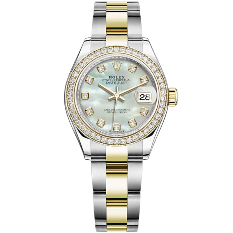 Lady-DateJust 28mm Oyster Oystersteel Bracelet and Yellow Gold with White Mother-of-Pearl Diamond-Set Dial Diamond-Set Bezel - Rolex
