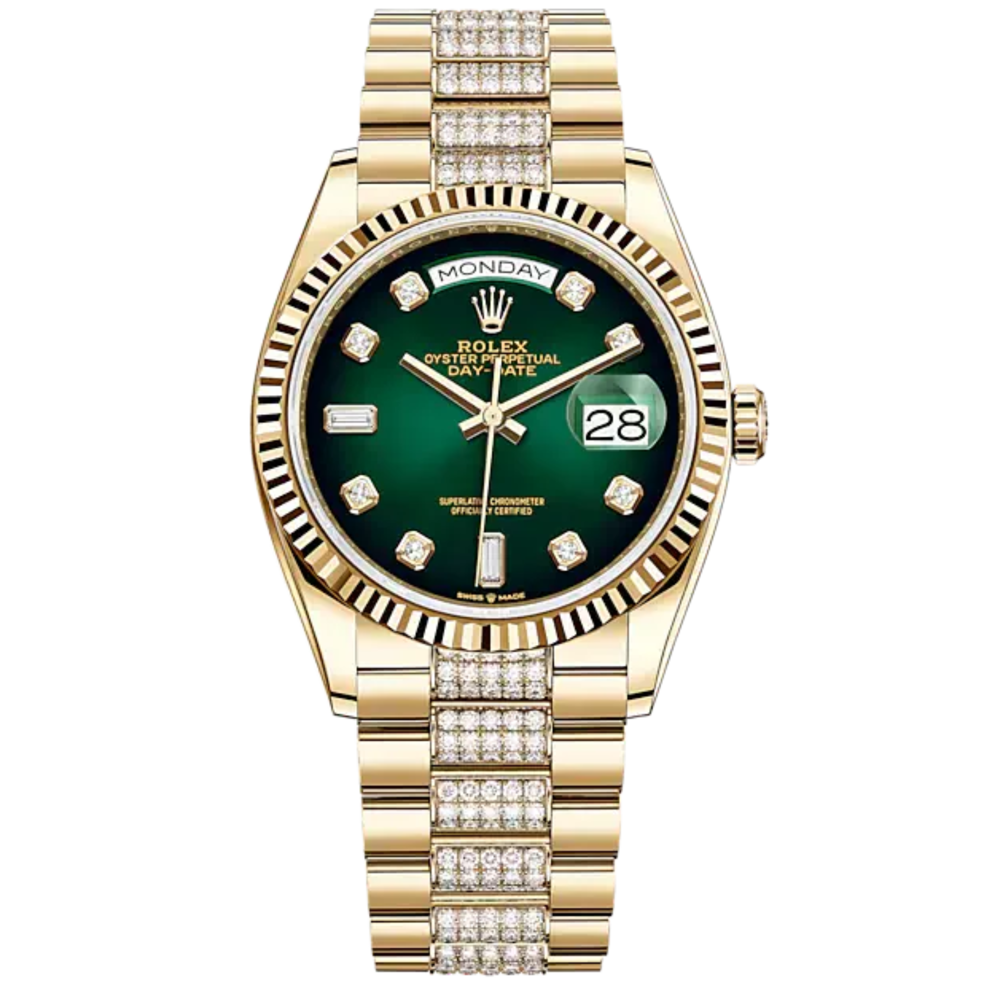 Day-Date 36 36mm Diamond-Set President Bracelet and 18 KT Yellow Gold with Green Ombré Diamond-Set Dial Fluted Bezel - Rolex