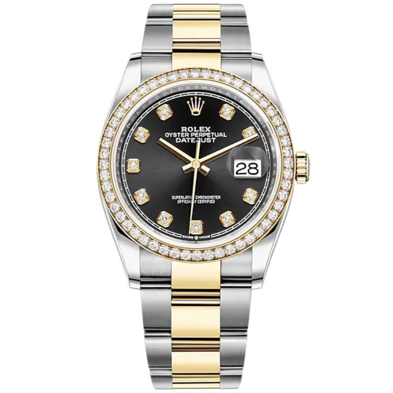 Datejust 36 36mm Oyster Bracelet Oystersteel and Yellow Gold with Bright Black Diamond-Set Dial Diamond-Set Bezel - Rolex