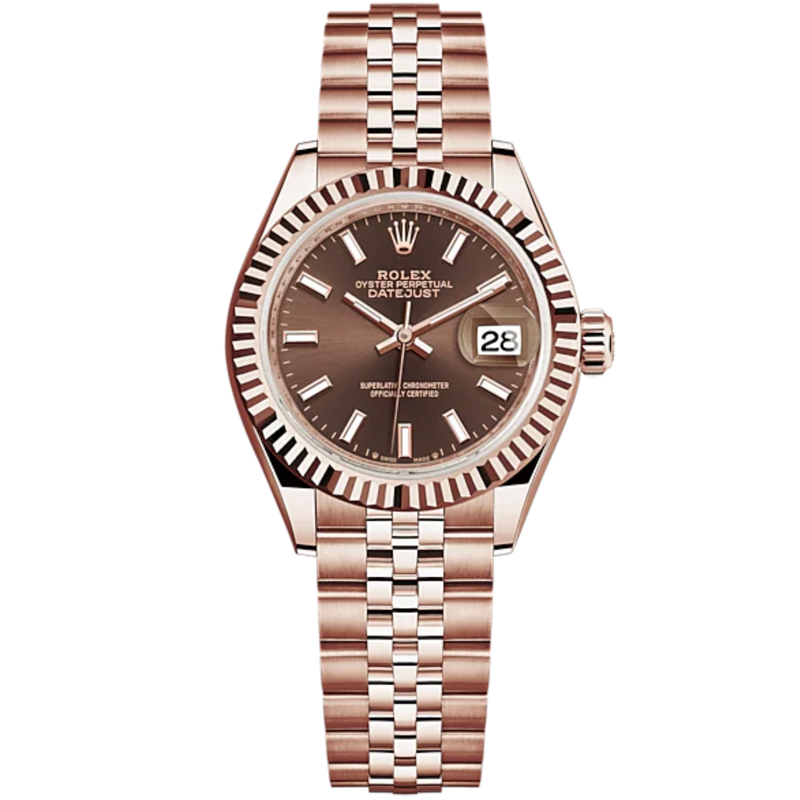 Lady-DateJust 28mm Jubilee Bracelet and 18 KT Everose Gold with Chocolate Dial Fluted Bezel - Rolex