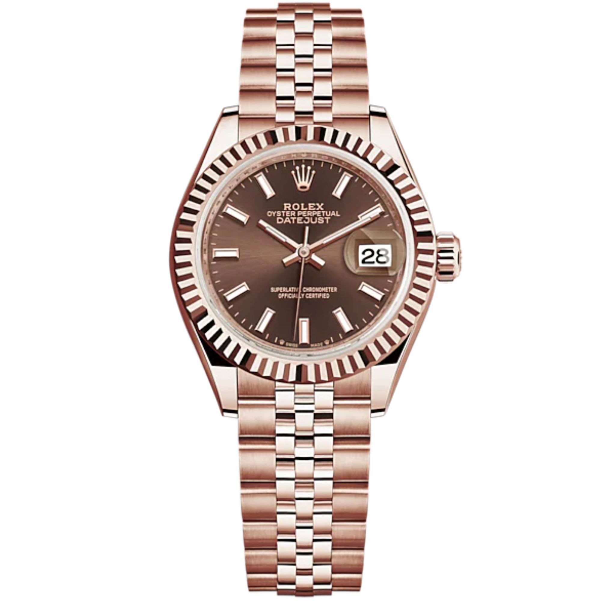 Lady-DateJust 28mm Jubilee Bracelet and 18 KT Everose Gold with Chocolate Dial Fluted Bezel - Rolex