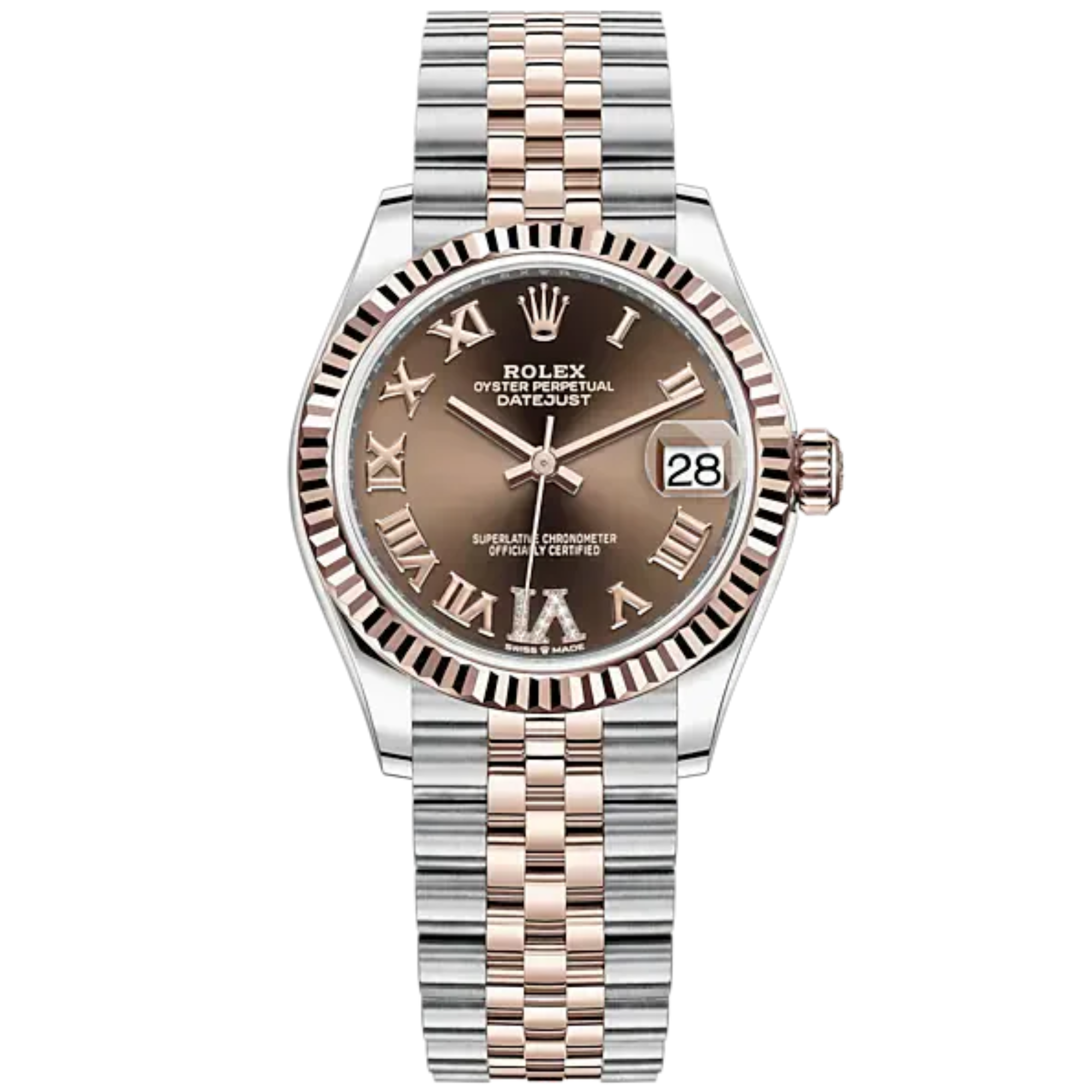 Datejust 31 31mm Jubilee Bracelet Oystersteel and Everose Gold with Chocolate Diamond Dial Fluted Bezel - Rolex