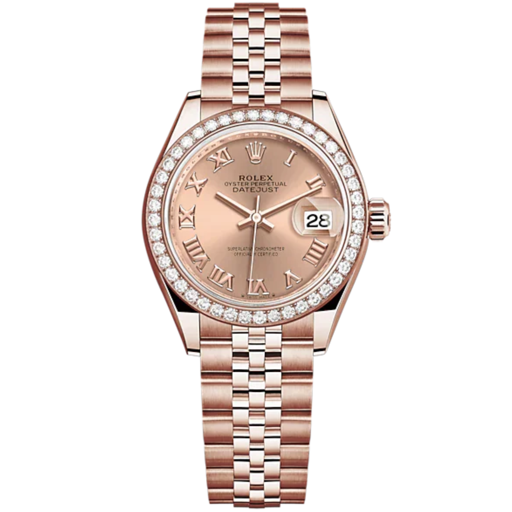 Lady-DateJust 28mm Jubilee Bracelet and 18 KT Everose Gold with Rosé-Colour Roman Dial Diamond-Set Bezel - Rolex