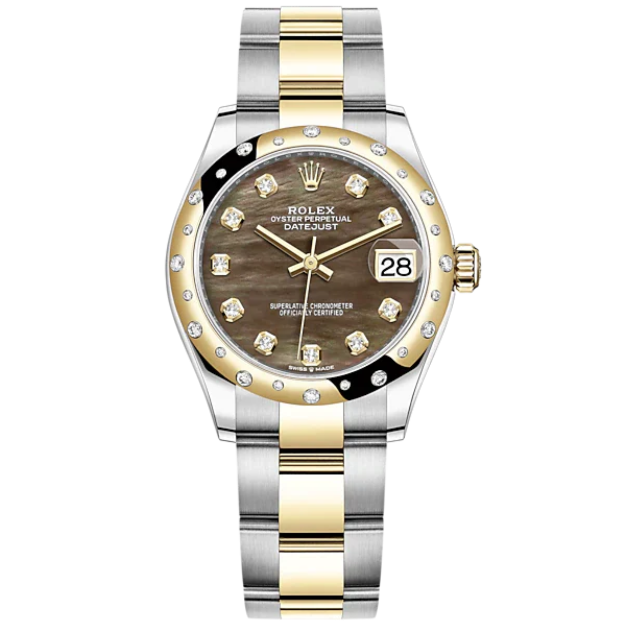 Datejust 31 31mm Oyster Bracelet Oystersteel and Yellow Gold with Black Mother-Of-Pearl Diamond Set Diamond-Set Bezel - Rolex