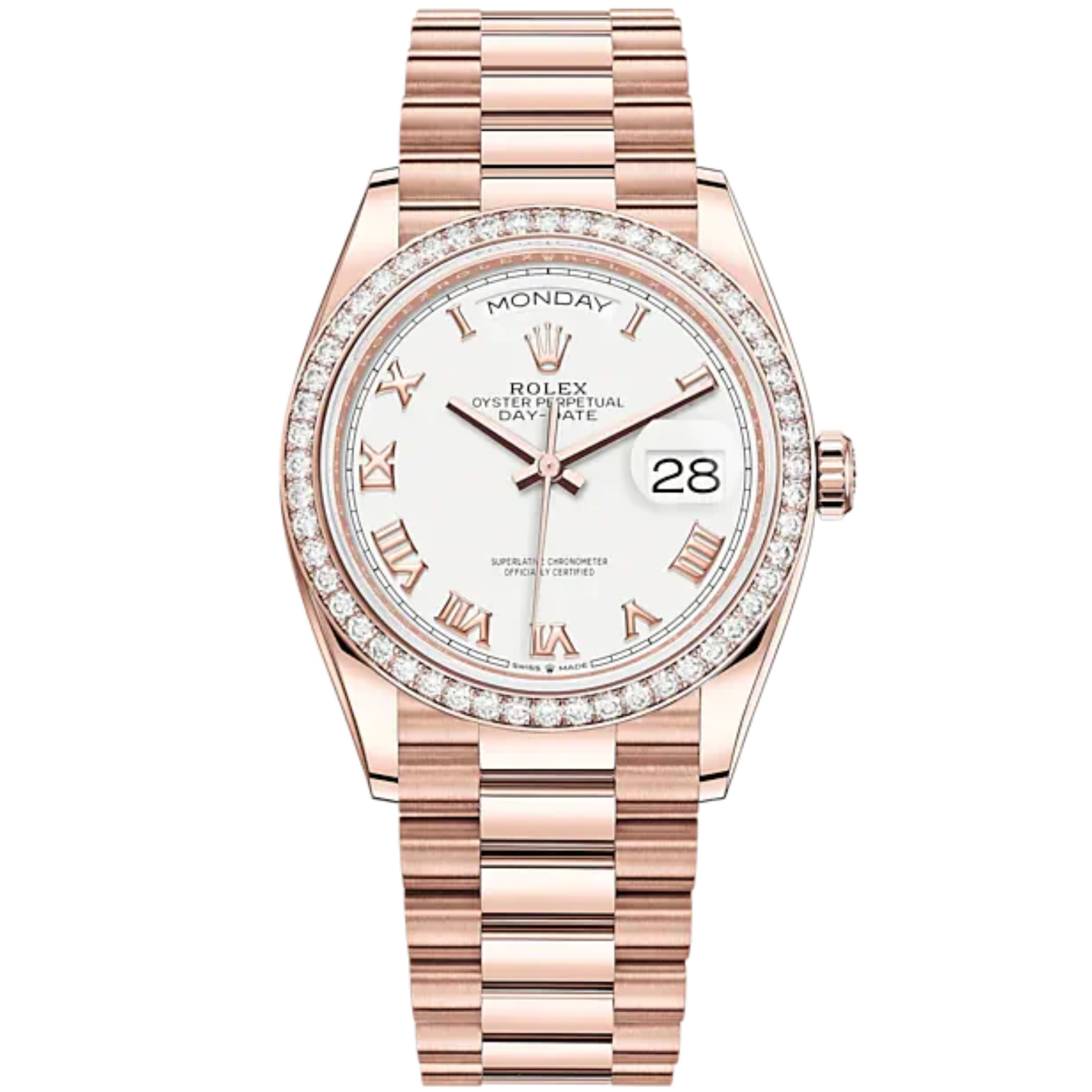 Day-Date 36 36mm President Bracelet and 18 KT Everose Gold with White Dial Diamond-Set Bezel - Rolex