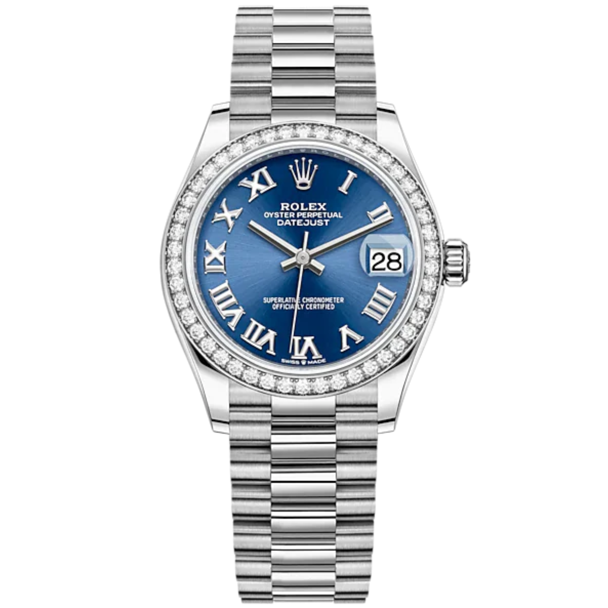 Datejust 31 31mm President Bracelet Oystersteel and White Gold with Bright Blue Dial Diamond-Set Bezel - Rolex