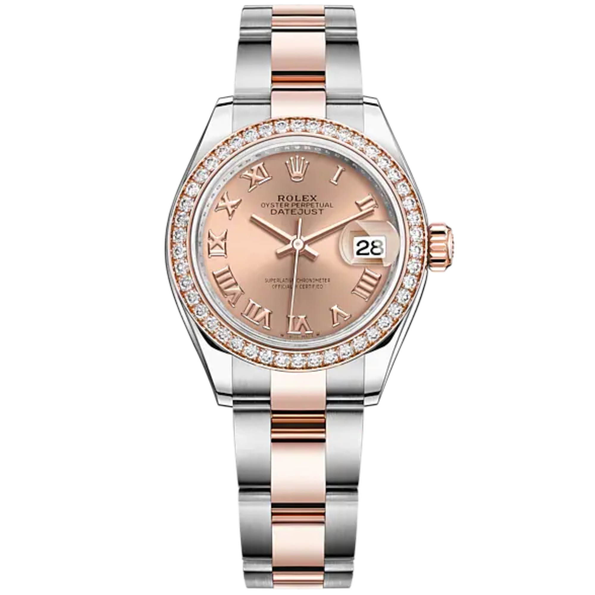 Lady-DateJust 28mm Oyster Oystersteel Bracelet and Everose Gold with Rosé-Colour Dial Diamond-Set Bezel - Rolex