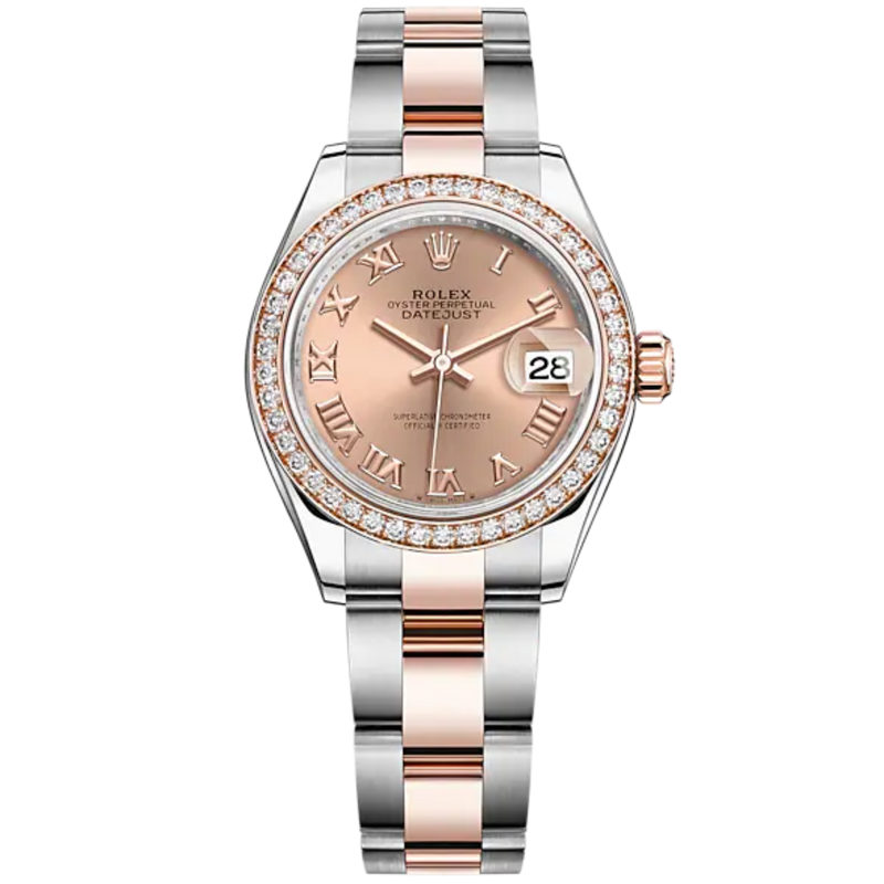 Lady-DateJust 28mm Oyster Oystersteel Bracelet and Everose Gold with Rosé-Colour Dial Diamond-Set Bezel - Rolex