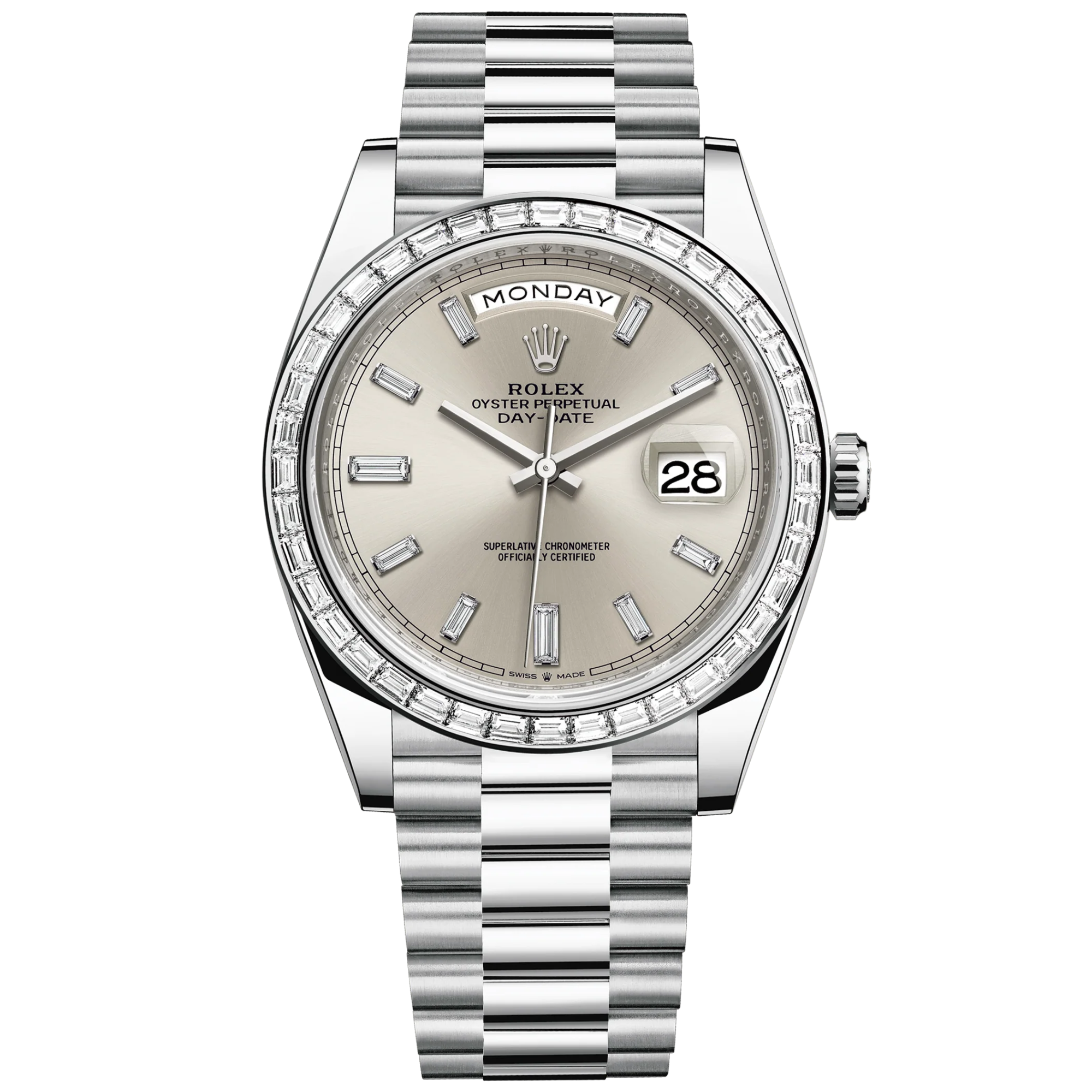 Day-Date 40 40mm President Bracelet and 18 KT White Gold with Silver Dial Diamond-Set Dial and Diamond-Set Bezel - Rolex