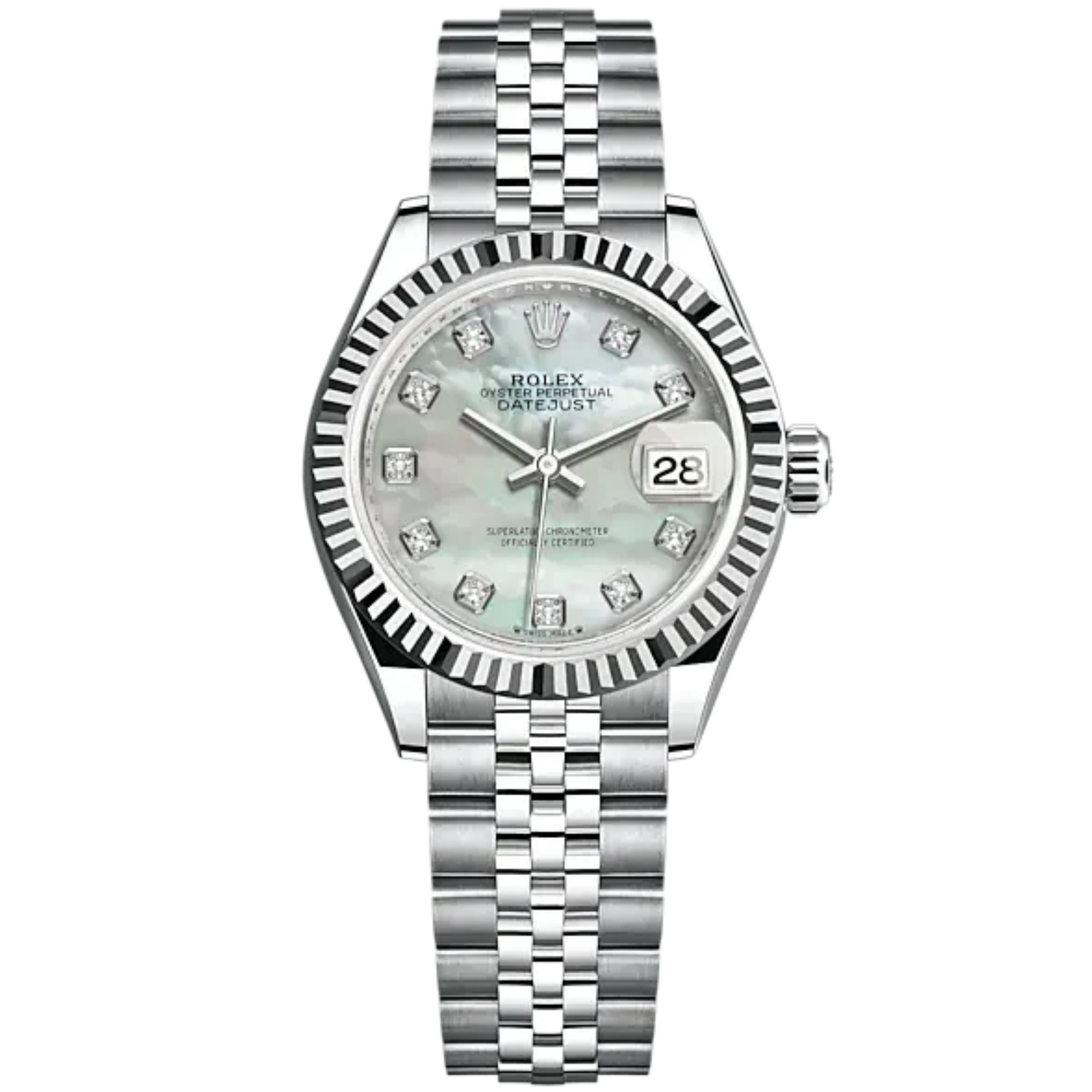 Lady-DateJust 28mm Oystersteel Jubilee Bracelet and White Gold with White Mother-of-Pearl Dial Diamond-Set Dial Fluted Bezel - Rolex