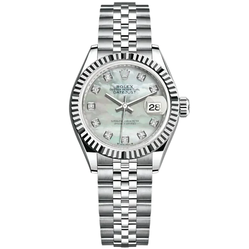 Lady-DateJust 28mm Oystersteel Jubilee Bracelet and White Gold with White Mother-of-Pearl Dial Diamond-Set Dial Fluted Bezel - Rolex