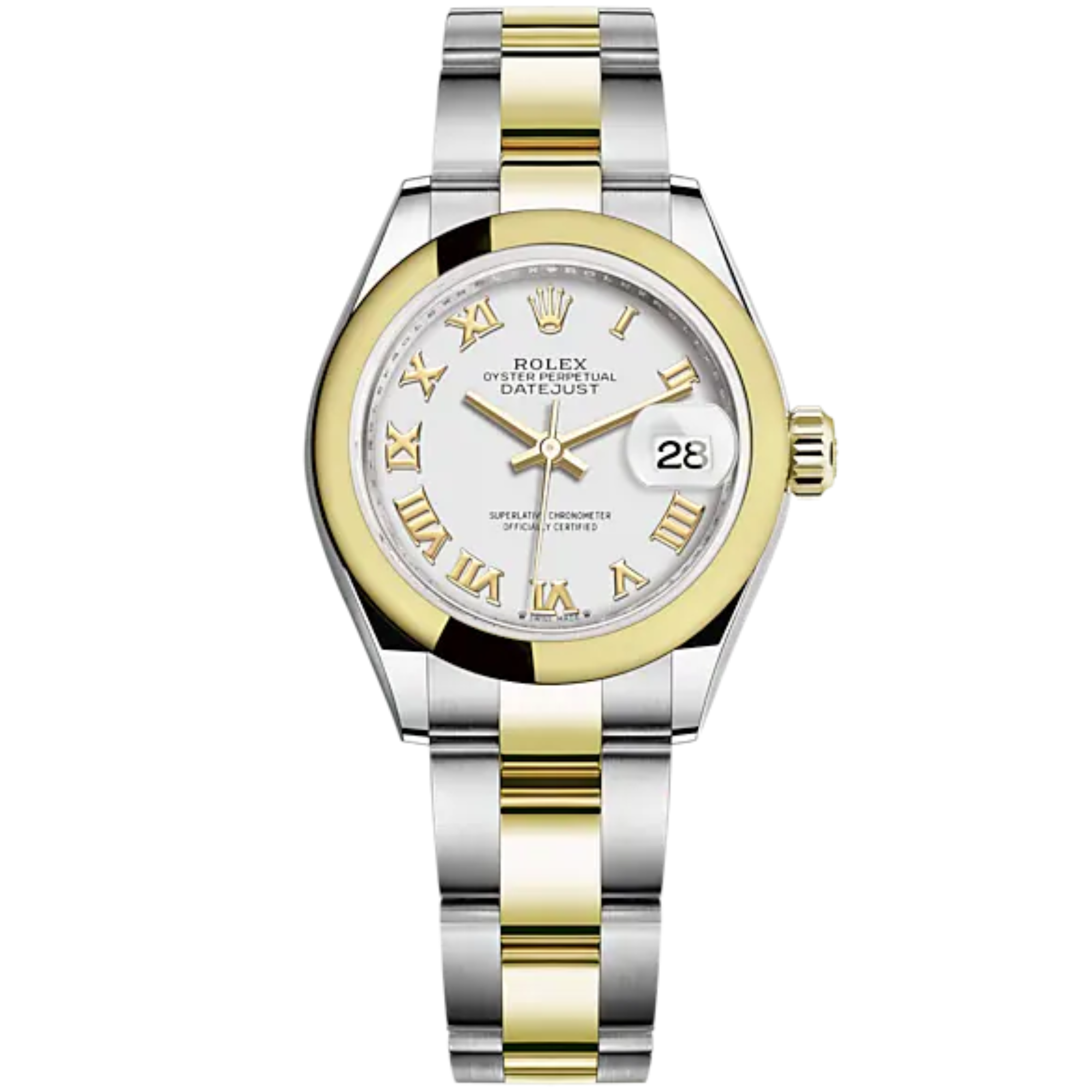 Lady-DateJust 28mm Oyster Oystersteel Bracelet and Yellow Gold with White Dial Domed Bezel - Rolex