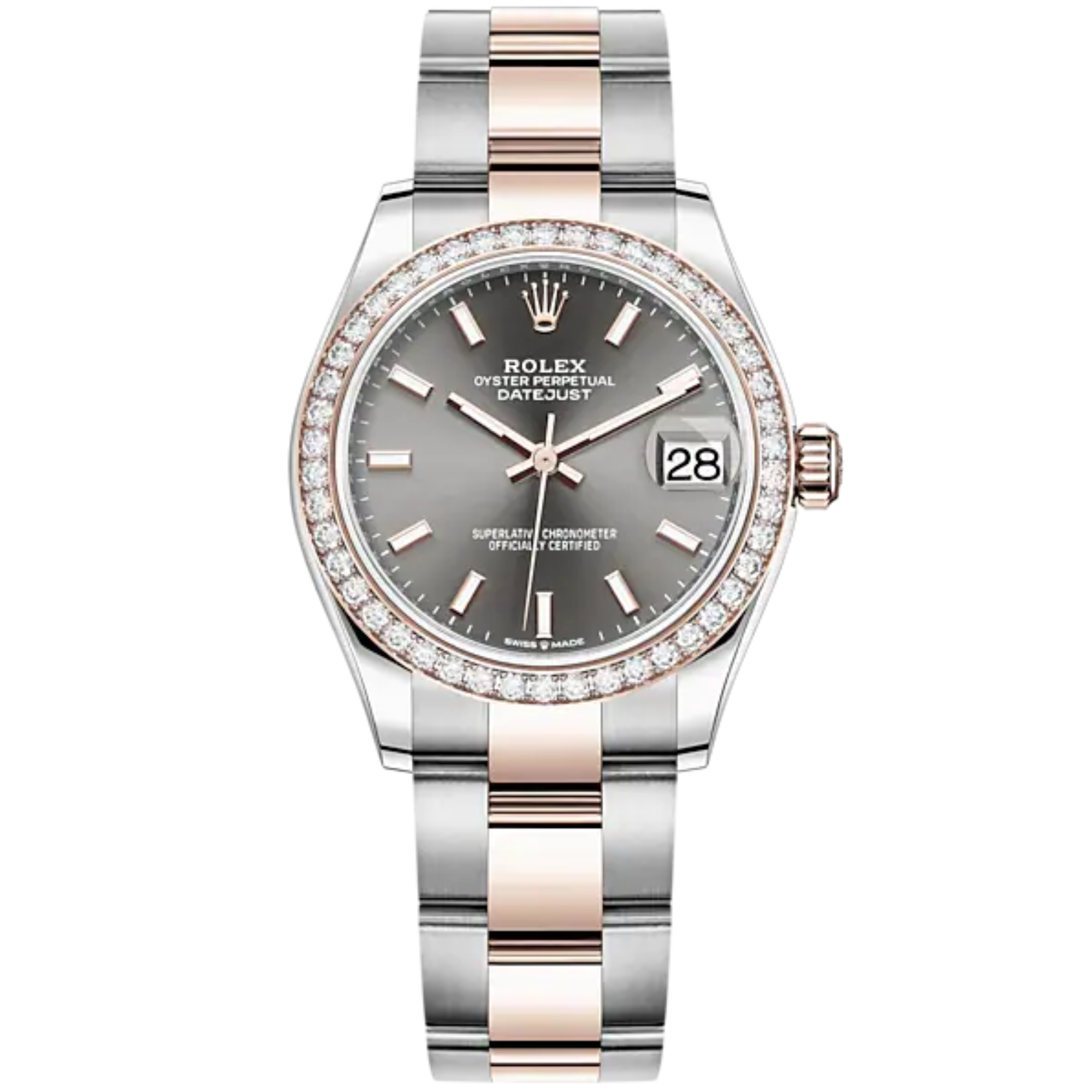 Datejust 31 31mm Oyster Bracelet Oystersteel and Everose Gold with Slate Dial Diamond-Set Bezel - Rolex