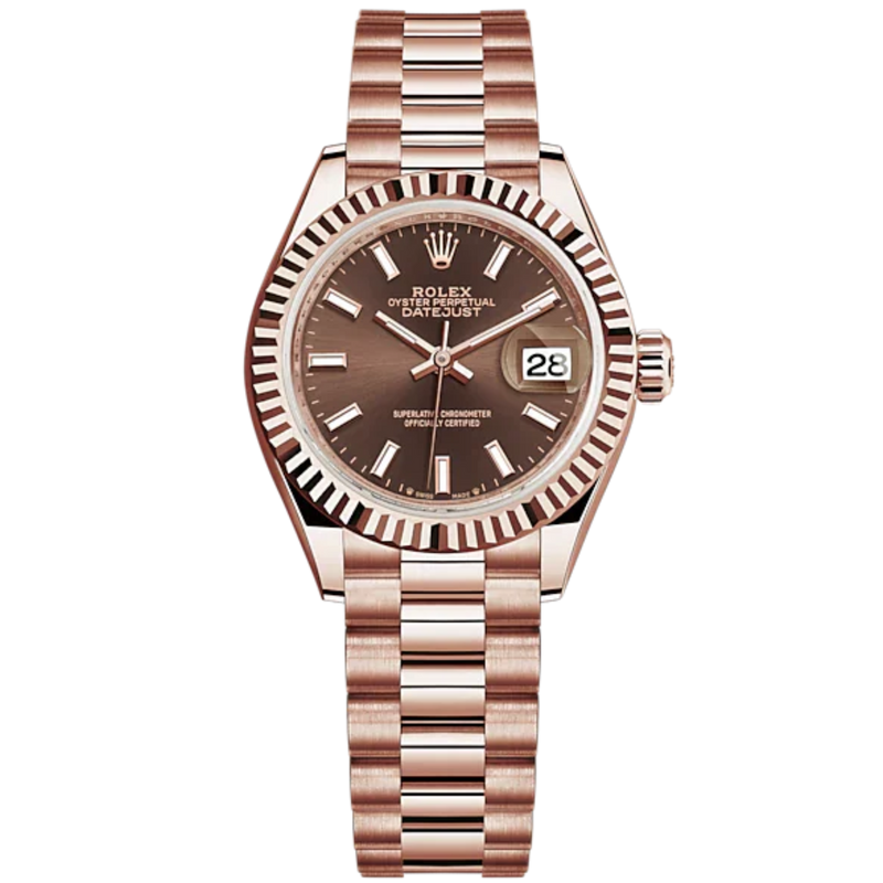 Lady-DateJust 28mm President Bracelet and 18 KT Everose Gold with Chocolate Dial Fluted Bezel - Rolex