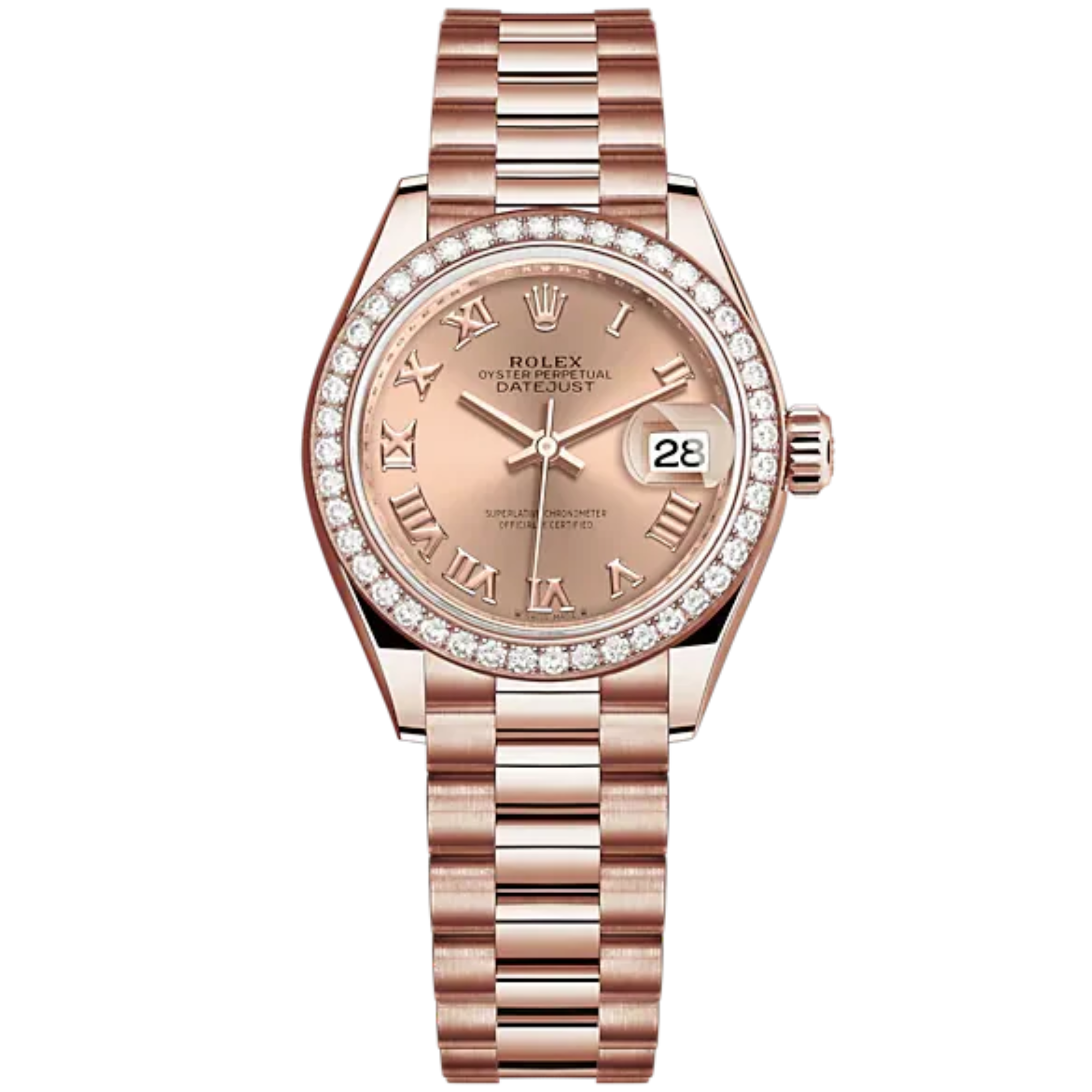 Lady-DateJust 28mm President Bracelet and 18 KT Everose Gold with Rosé-Colour Roman Dial Diamond-Set Bezel - Rolex