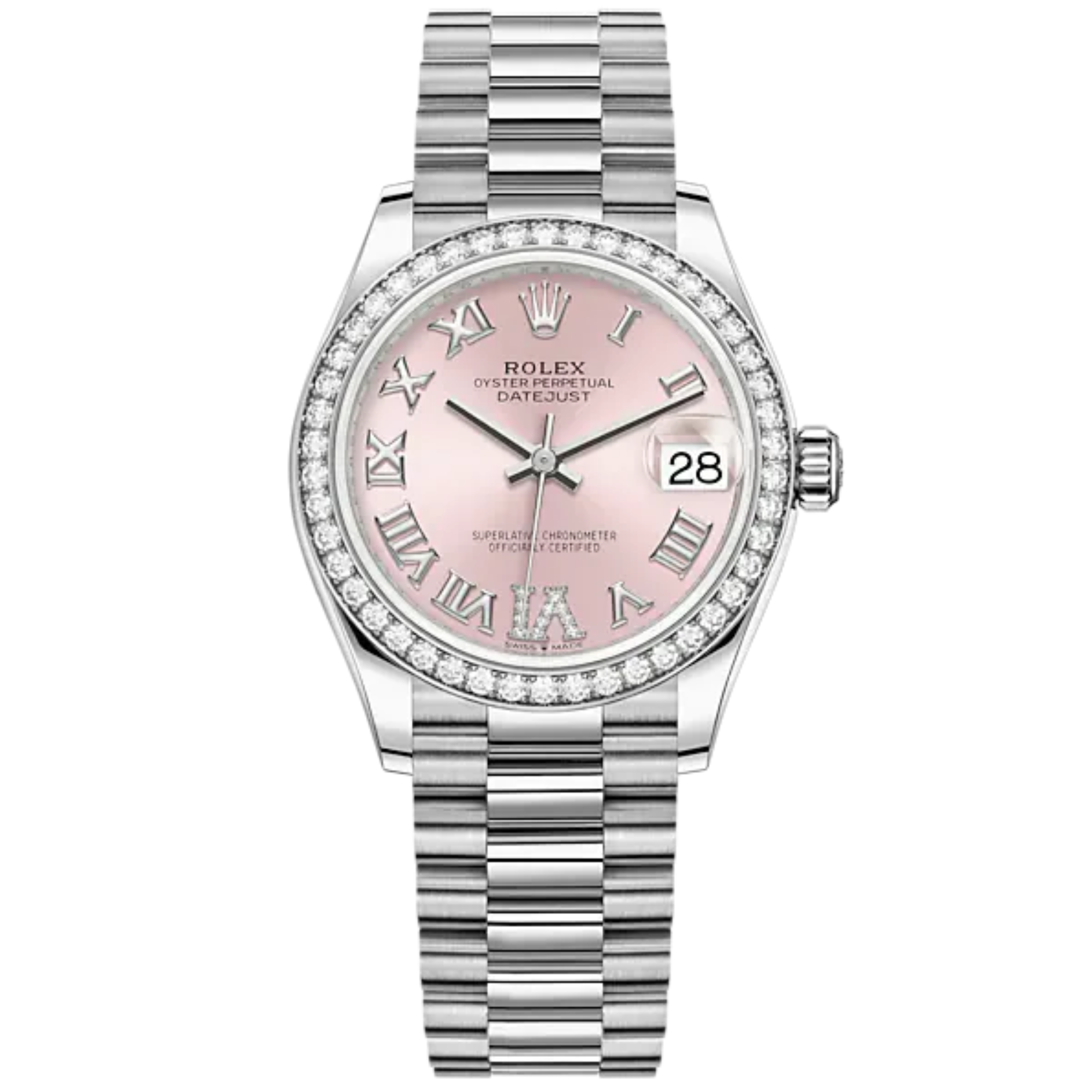 Datejust 31 31mm President Bracelet Oystersteel and White Gold with Pink Roman Dial Diamond-Set Bezel - Rolex