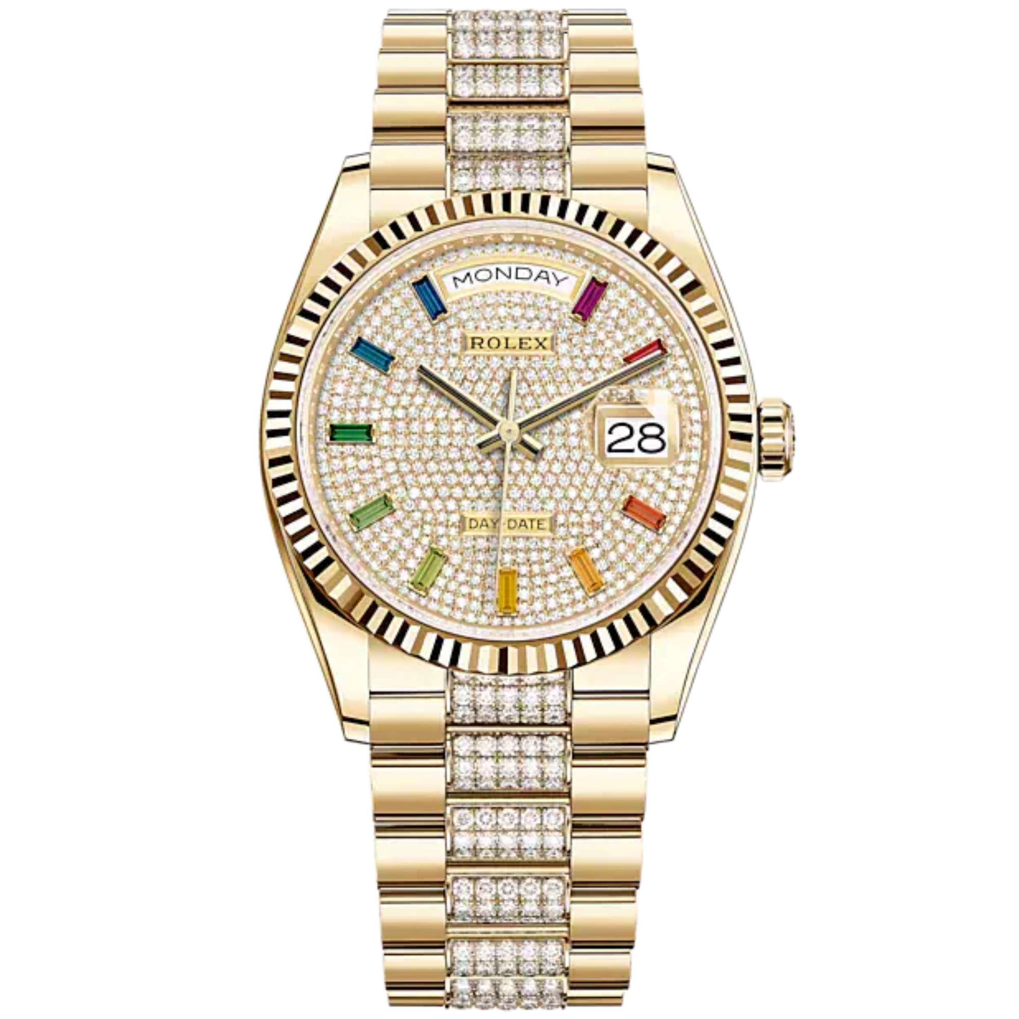 Day-Date 36 36mm Diamond-Set President Bracelet and 18 KT Yellow Gold with Diamond-Paved Dial Fluted Bezel - Rolex