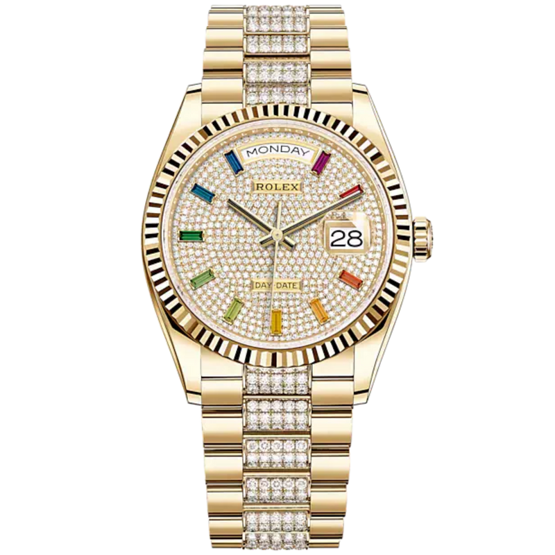 Day-Date 36 36mm Diamond-Set President Bracelet and 18 KT Yellow Gold with Diamond-Paved Dial Fluted Bezel - Rolex