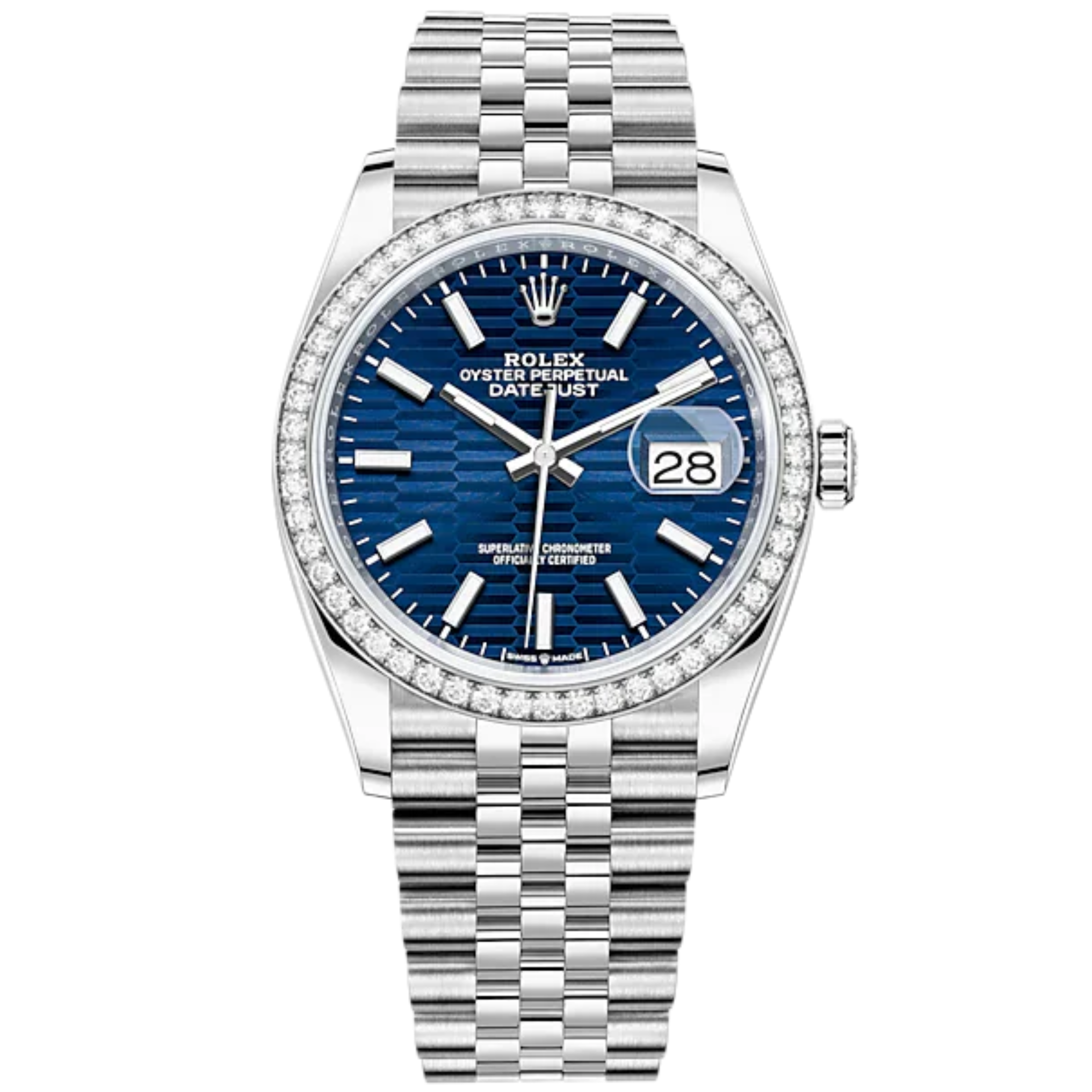 Datejust 36 36mm Oystersteel Jubilee Bracelet and White Gold with Bright Blue Fluted-Motif Dial Diamond-Set Bezel - Rolex