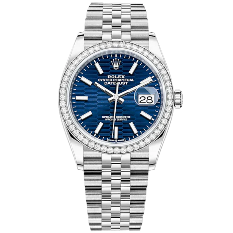 Datejust 36 36mm Oystersteel Jubilee Bracelet and White Gold with Bright Blue Fluted-Motif Dial Diamond-Set Bezel - Rolex