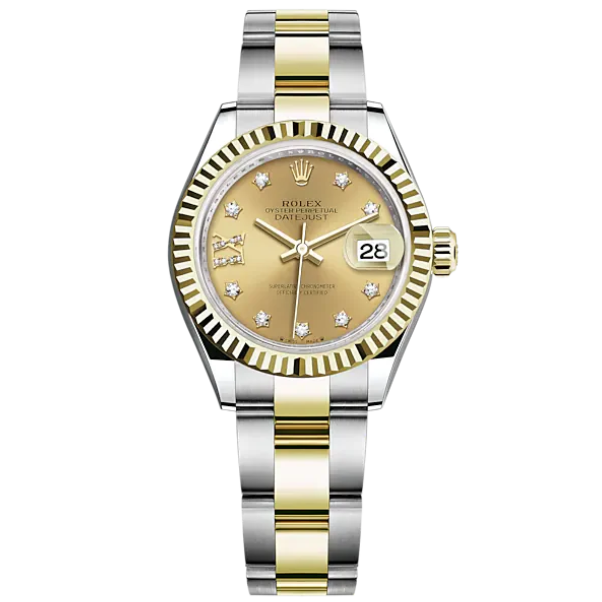 Lady-DateJust 28mm Oyster Oystersteel Bracelet and Yellow Gold with Champagne-Colour Dial Diamond-Set Dial Fluted Bezel - Rolex