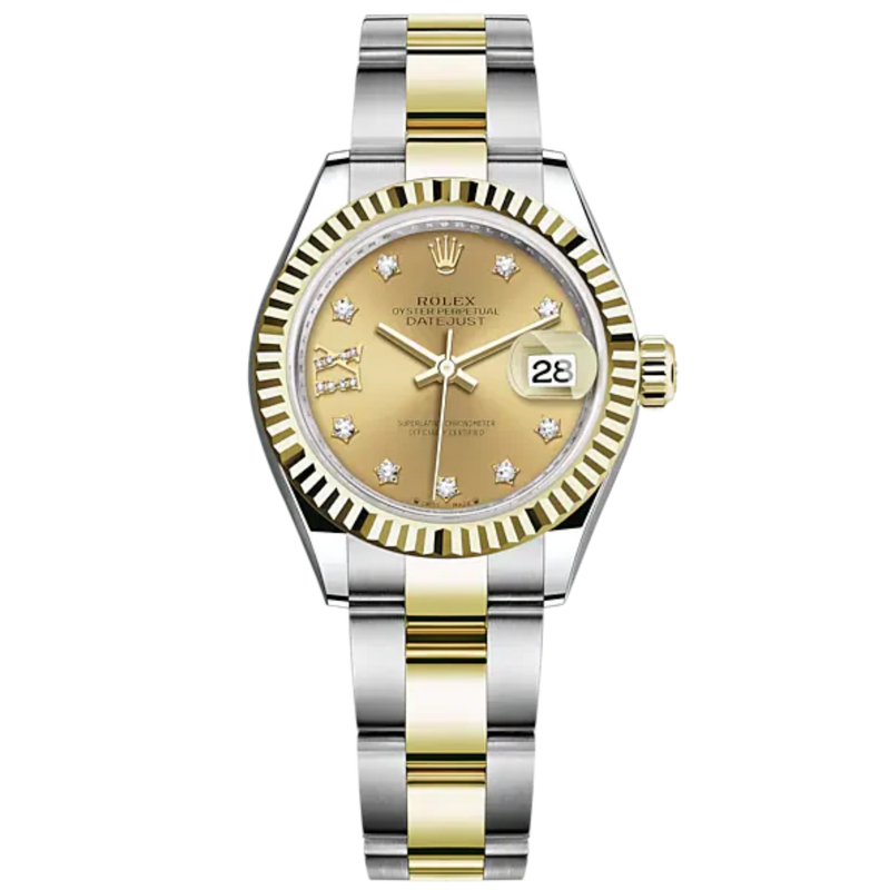 Lady-DateJust 28mm Oyster Oystersteel Bracelet and Yellow Gold with Champagne-Colour Dial Diamond-Set Dial Fluted Bezel - Rolex