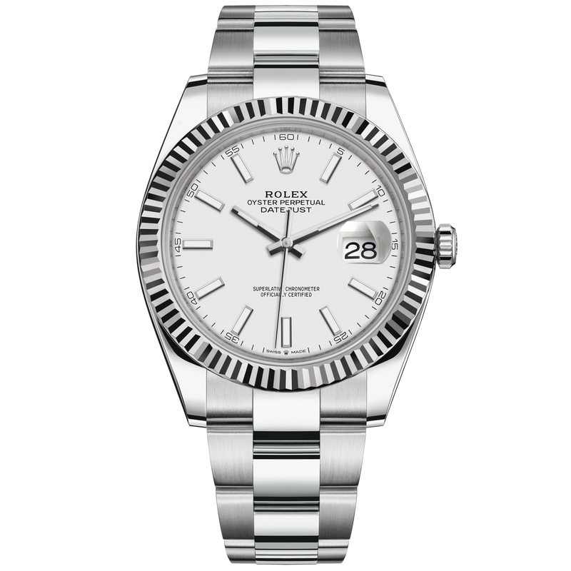 Datejust 41 41mm Oyster Bracelet Oystersteel and White Gold with White Dial Fluted Bezel - Rolex