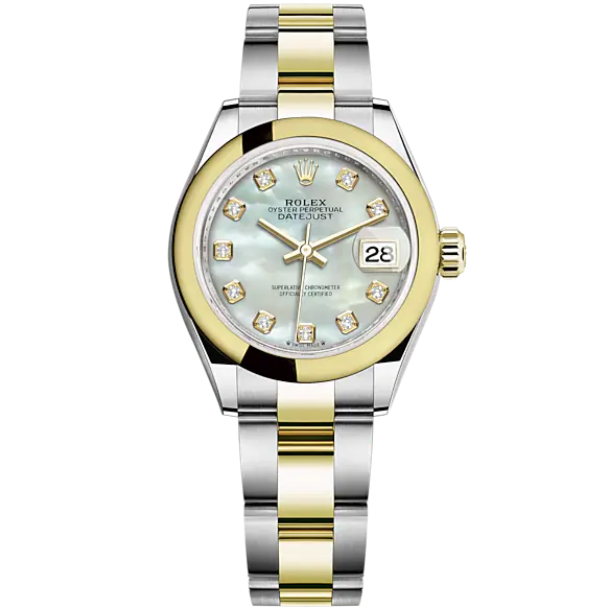 Lady-DateJust 28mm Oyster Oystersteel Bracelet and Yellow Gold with White Mother-of-Pearl Diamond-Set Dial Domed Bezel - Rolex