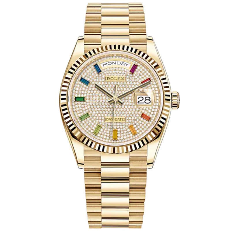 Day-Date 36 36mm President Bracelet and 18 KT Yellow Gold with Diamond-Paved Dial and Fluted Bezel - Rolex