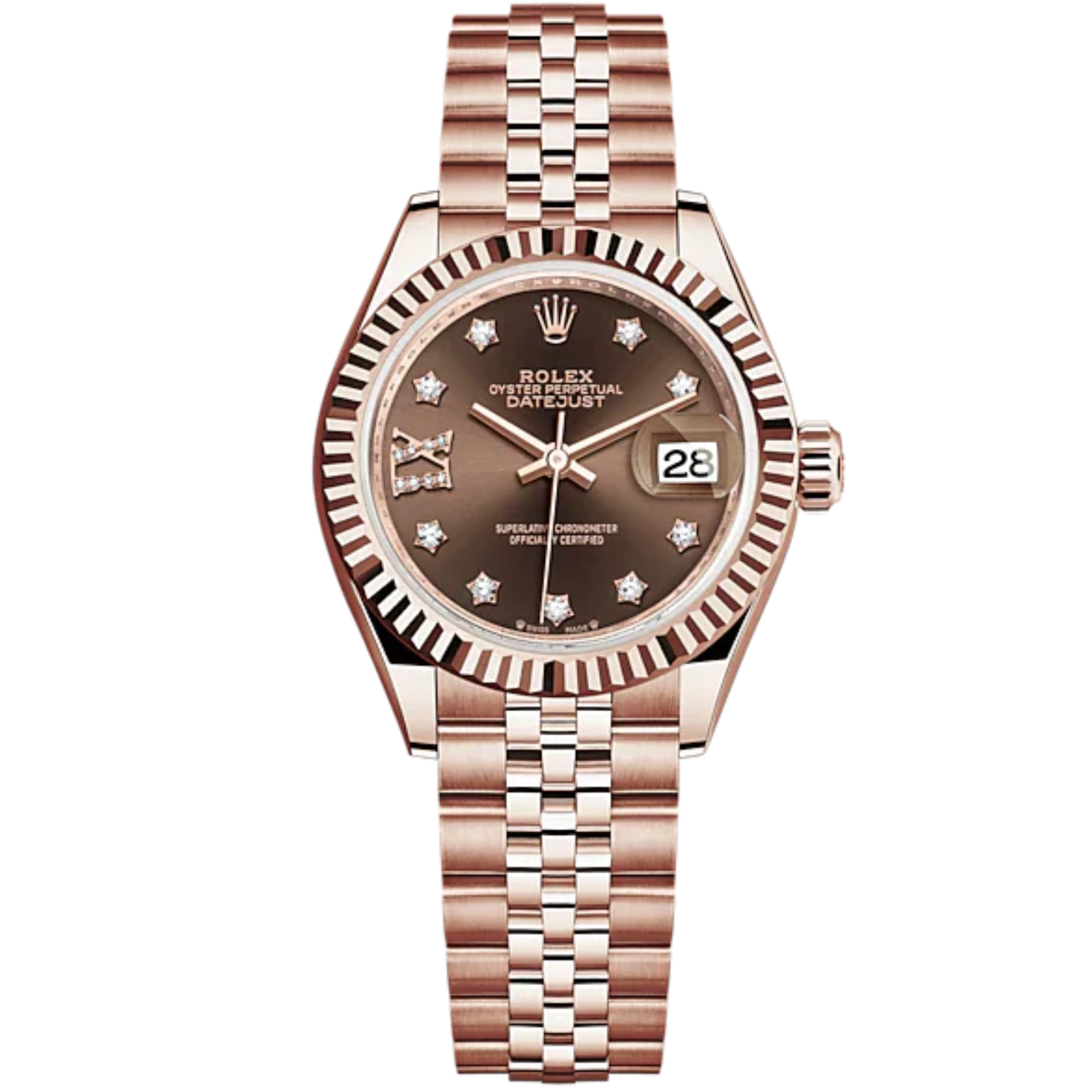 Lady-DateJust 28mm Jubilee Bracelet and 18 KT Everose Gold with Chocolate Dial Diamond-Set Dial Fluted Bezel - Rolex