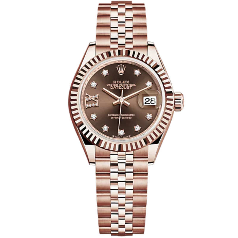 Lady-DateJust 28mm Jubilee Bracelet and 18 KT Everose Gold with Chocolate Dial Diamond-Set Dial Fluted Bezel - Rolex