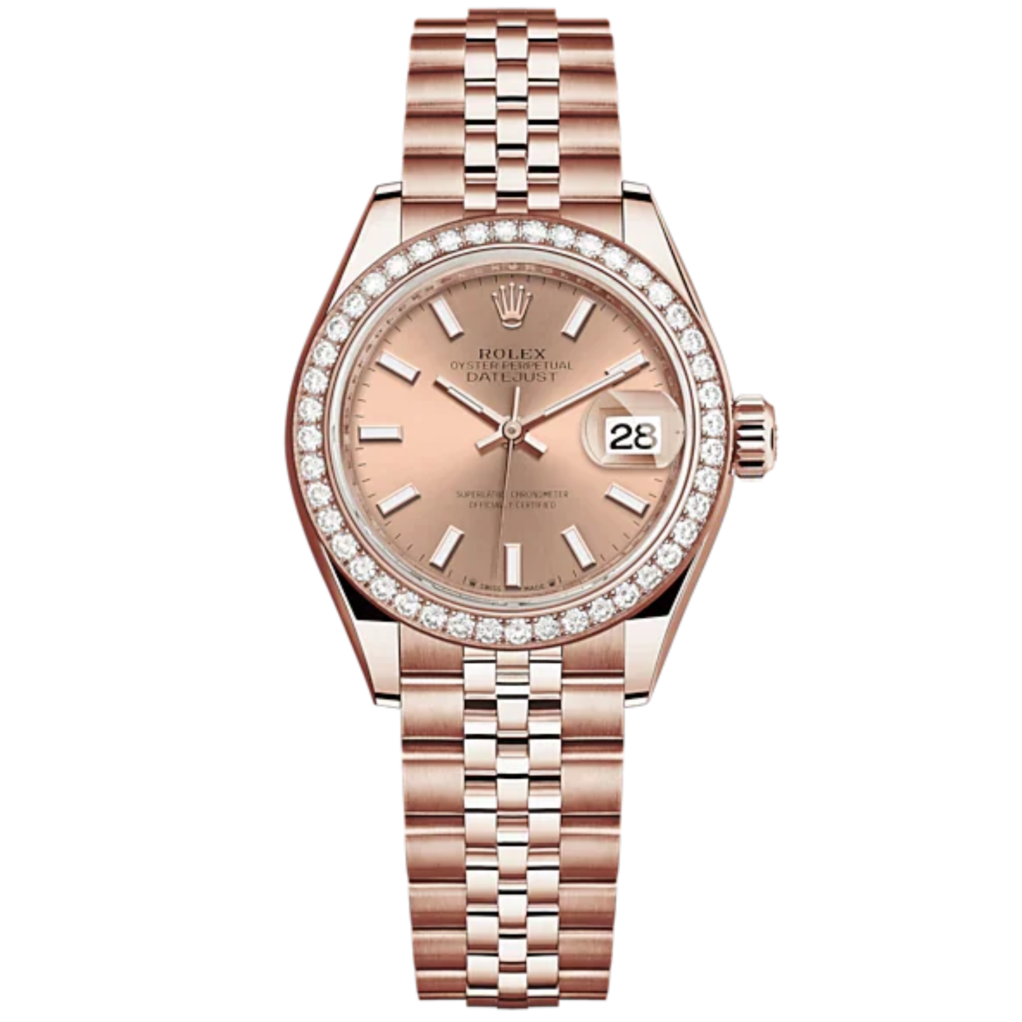 Lady-DateJust 28mm Jubilee Bracelet and 18 KT Everose Gold with Rosé-Colour Dial Diamond-Set Bezel - Rolex