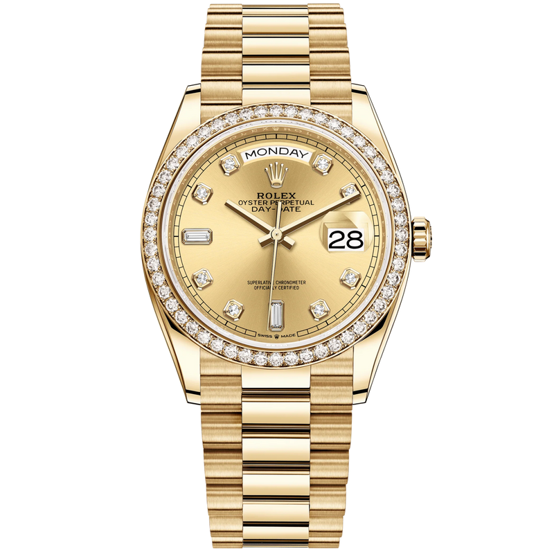 Day-Date 36 36mm President Bracelet and 18 KT Yellow Gold with Champagne-Colour Diamond Dial and Diamond-Set Bezel - Rolex
