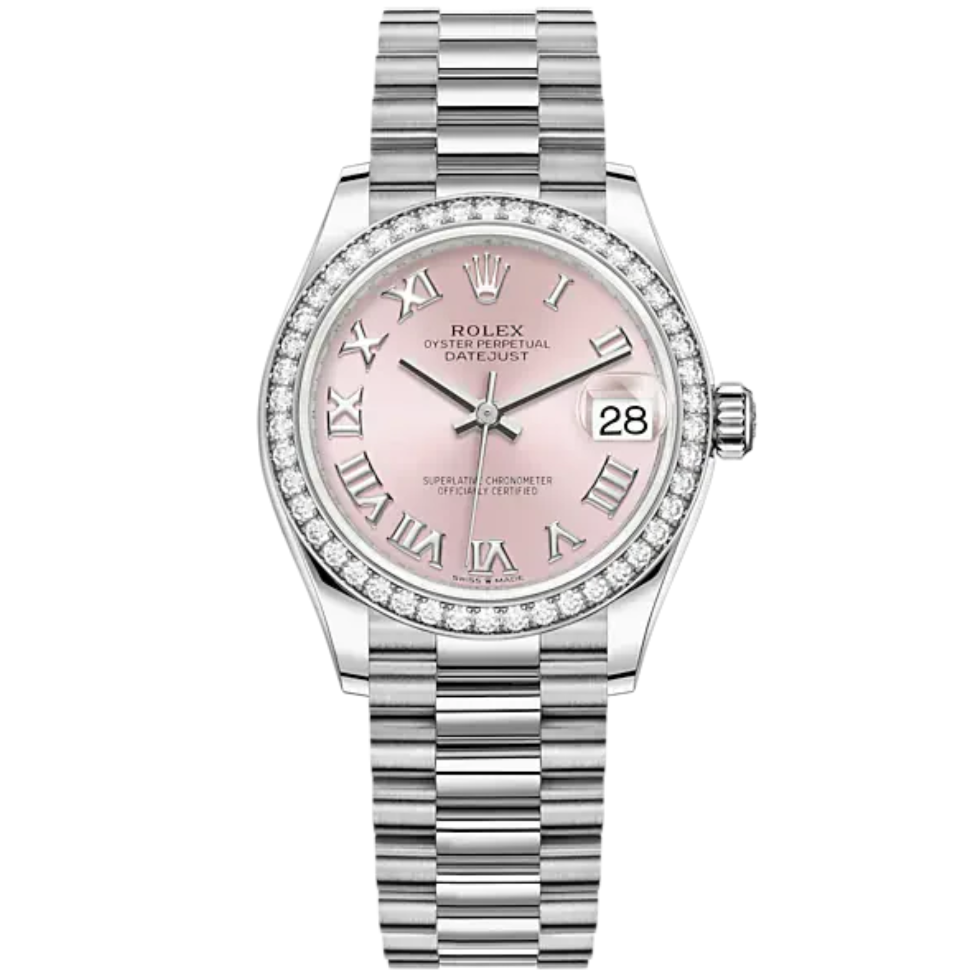 Datejust 31 31mm President Bracelet Oystersteel and White Gold with Pink Roman Dial Diamond-Set Bezel - Rolex