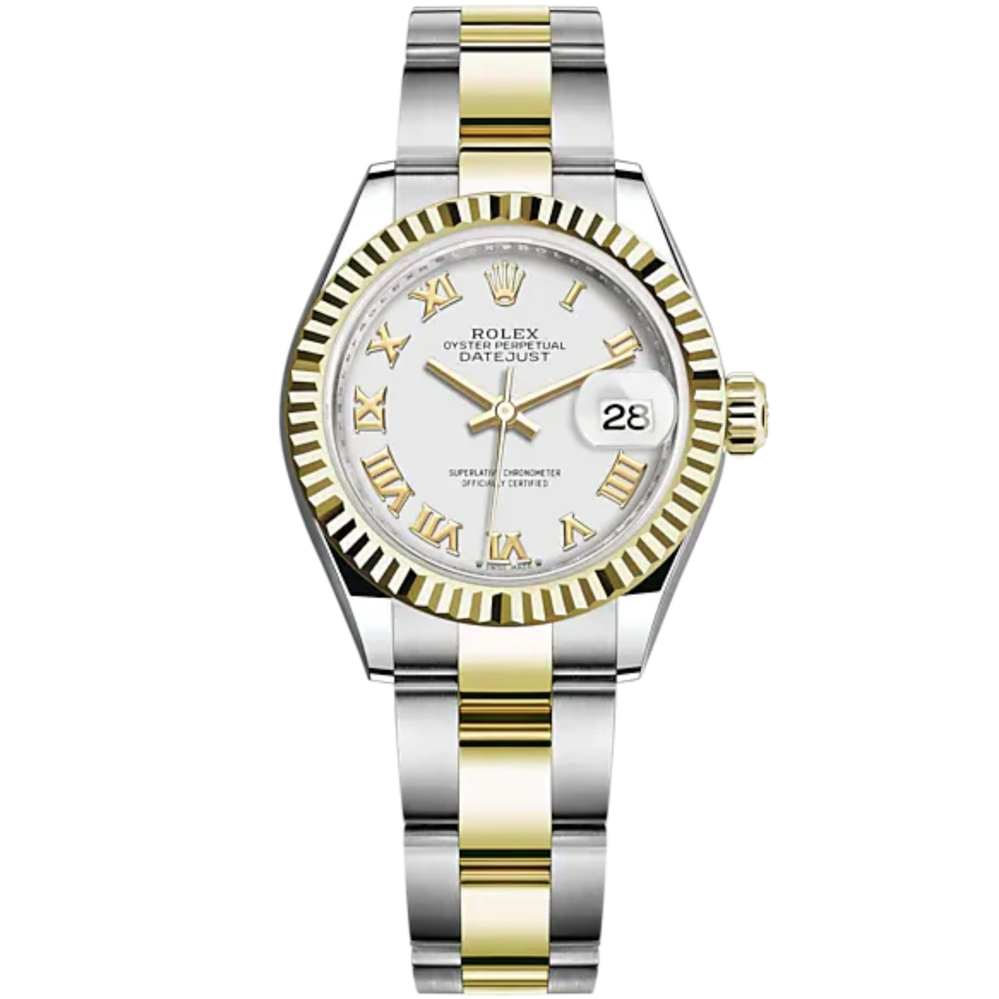 Lady-DateJust 28mm Oyster Oystersteel Bracelet and Yellow Gold with White Dial Fluted Bezel - Rolex