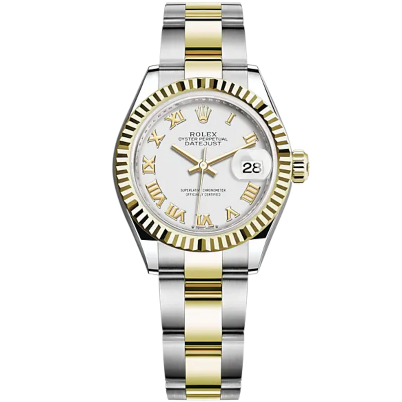 Lady-DateJust 28mm Oyster Oystersteel Bracelet and Yellow Gold with White Dial Fluted Bezel - Rolex