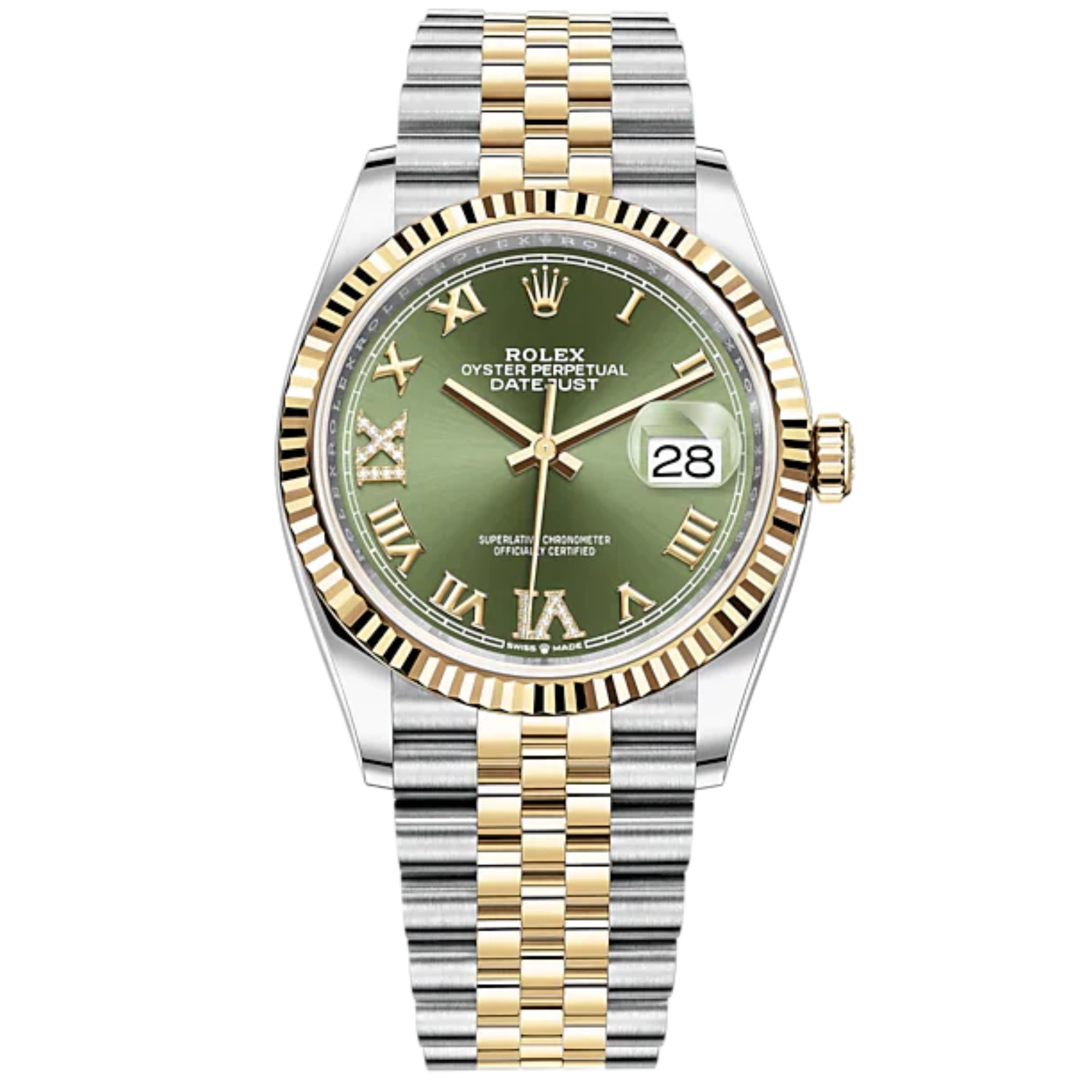 Datejust 36 36mm Oystersteel Jubilee Bracelet and Yellow Gold with Olive-Green Diamond-Set Dial Fluted Bezel - Rolex