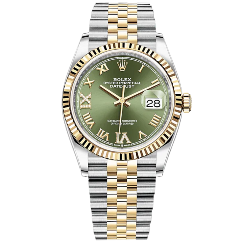 Datejust 36 36mm Oystersteel Jubilee Bracelet and Yellow Gold with Olive-Green Diamond-Set Dial Fluted Bezel - Rolex