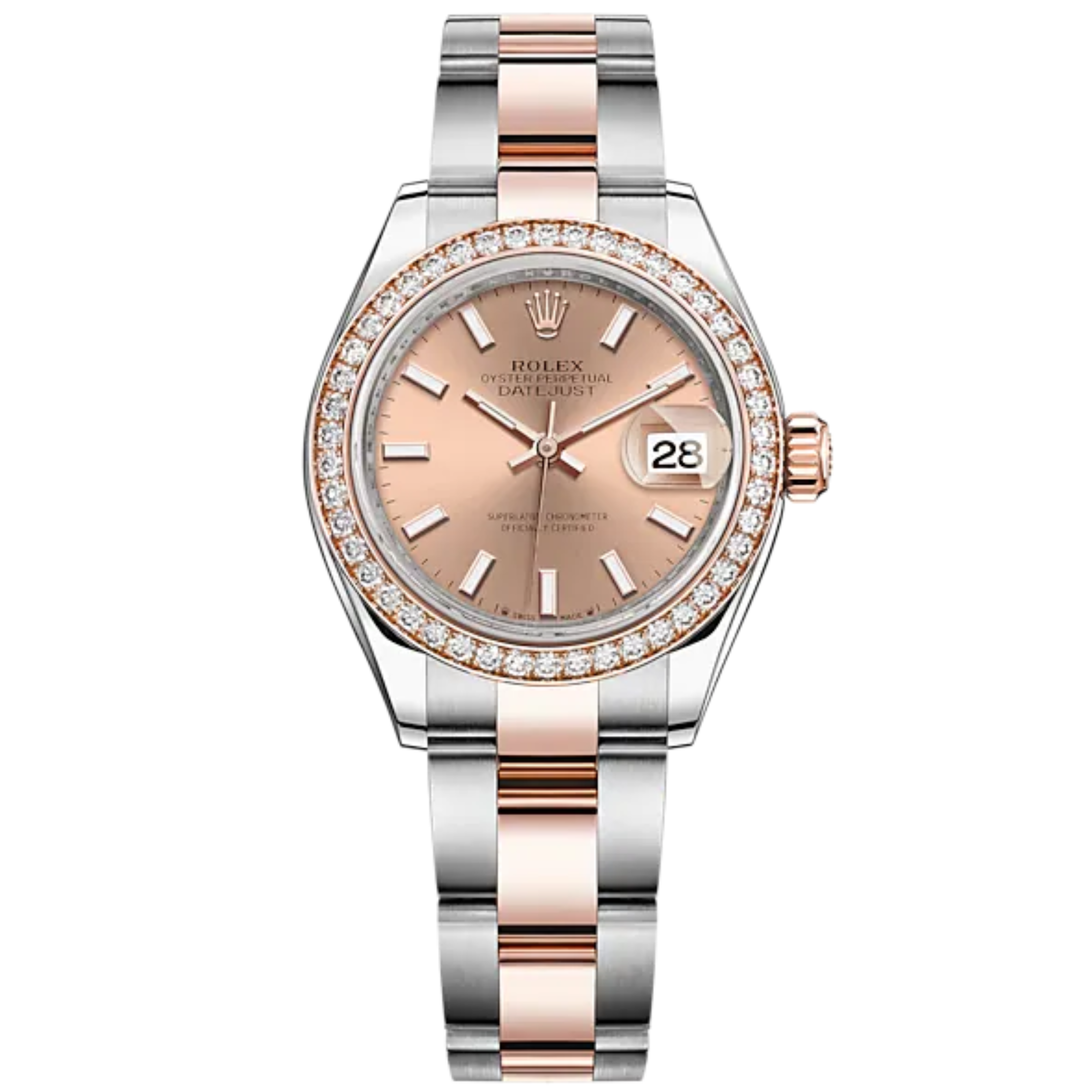 Lady-DateJust 28mm Oyster Oystersteel Bracelet and Everose Gold with Rosé-Colour Dial Diamond-Set Bezel - Rolex
