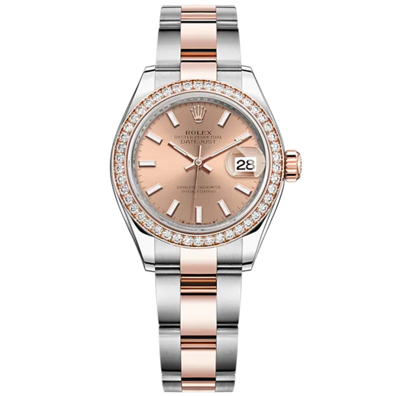 Lady-DateJust 28mm Oyster Oystersteel Bracelet and Everose Gold with Rosé-Colour Dial Diamond-Set Bezel - Rolex