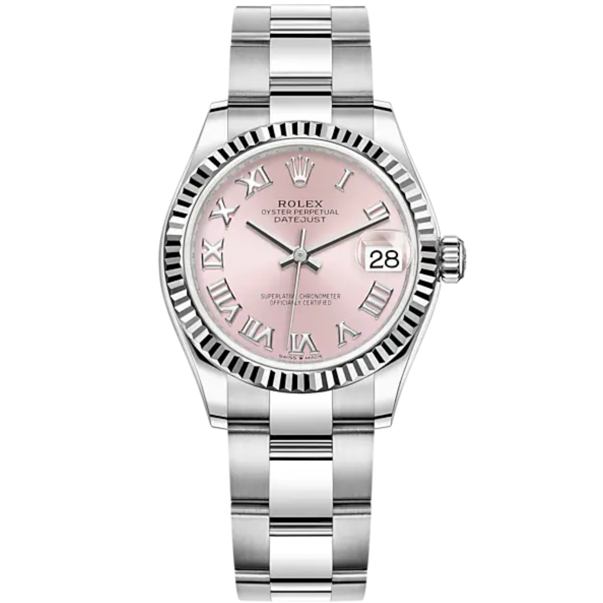 Datejust 31 31mm Oyster Bracelet Oystersteel and White Gold with Pink Dial Fluted Bezel - Rolex