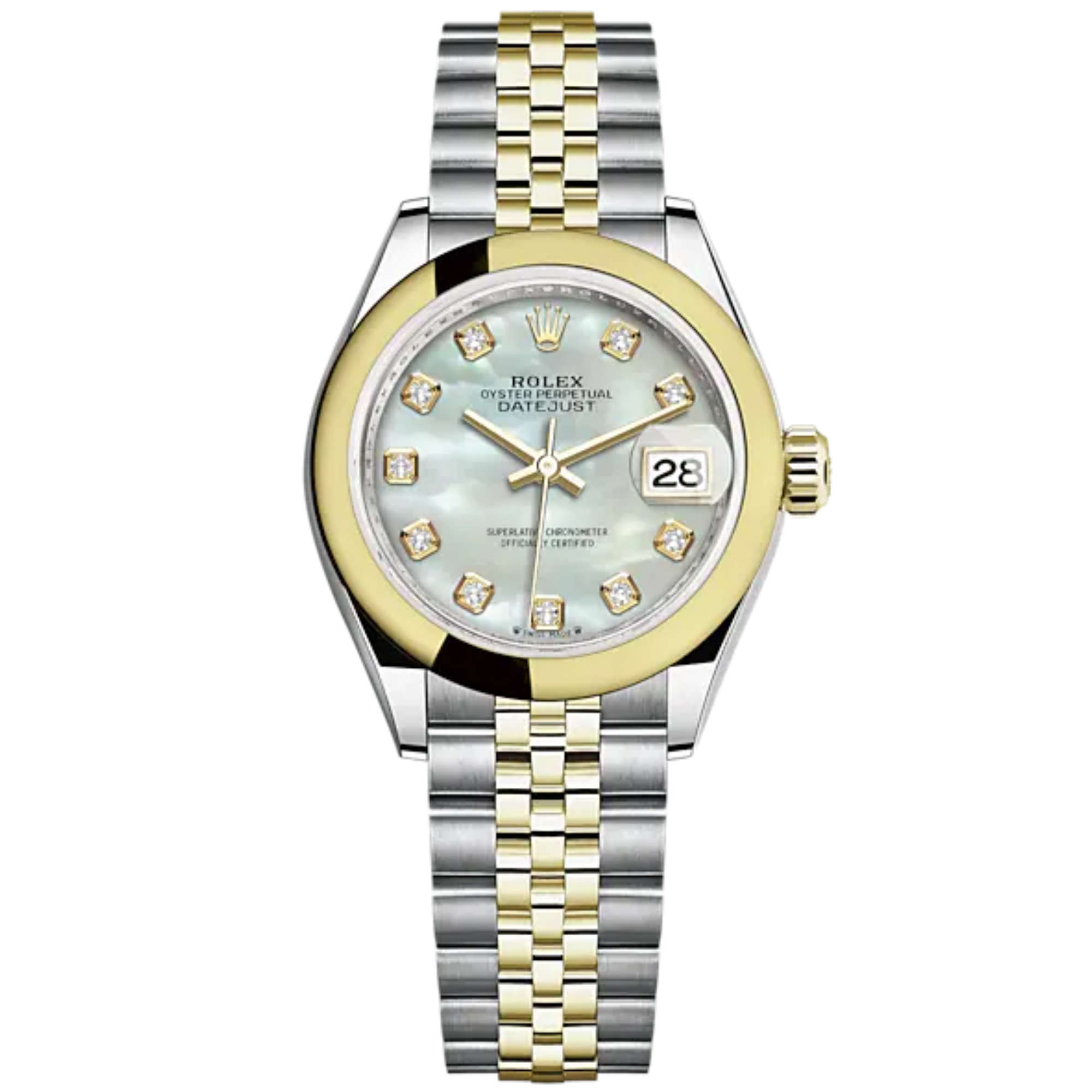 Lady-DateJust 28mm Oystersteel Jubilee Bracelet and Yellow Gold with White Mother-of-Pearl Diamond-Set Dial Domed Bezel - Rolex