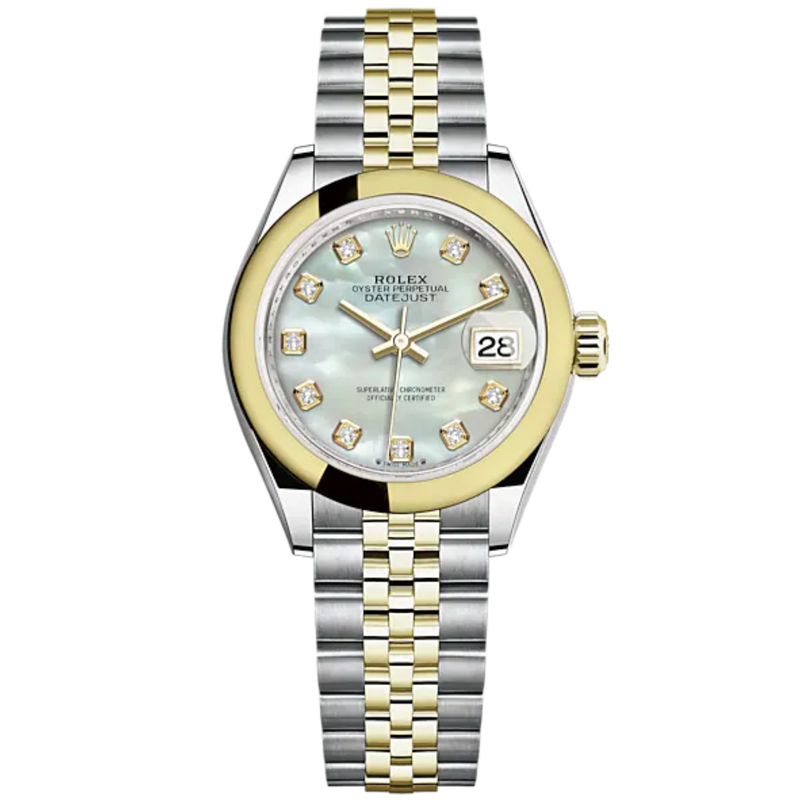Lady-DateJust 28mm Oystersteel Jubilee Bracelet and Yellow Gold with White Mother-of-Pearl Diamond-Set Dial Domed Bezel - Rolex