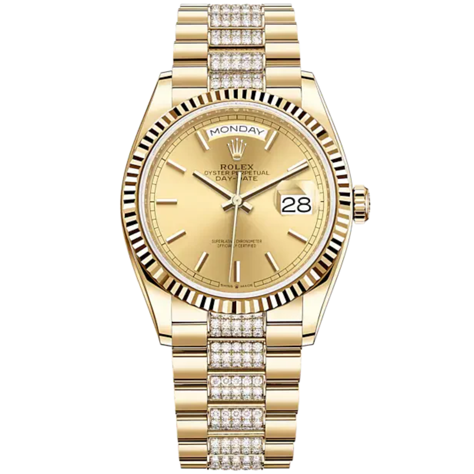 Day-Date 36 36mm Diamond-Set President Bracelet and 18 KT Yellow Gold with Champagne-Colour Dial Fluted Bezel - Rolex