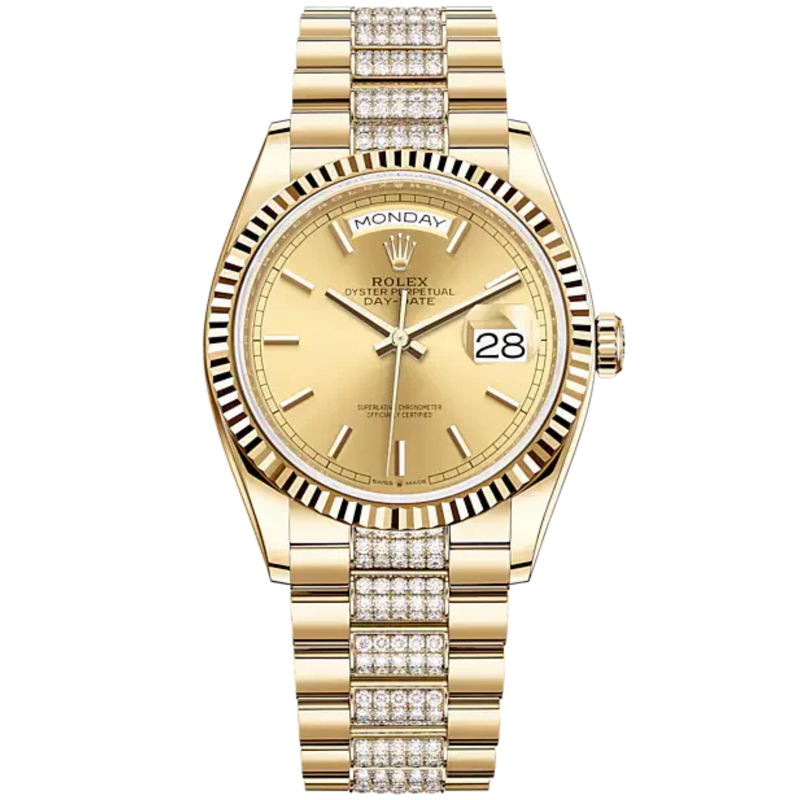 Day-Date 36 36mm Diamond-Set President Bracelet and 18 KT Yellow Gold with Champagne-Colour Dial Fluted Bezel - Rolex