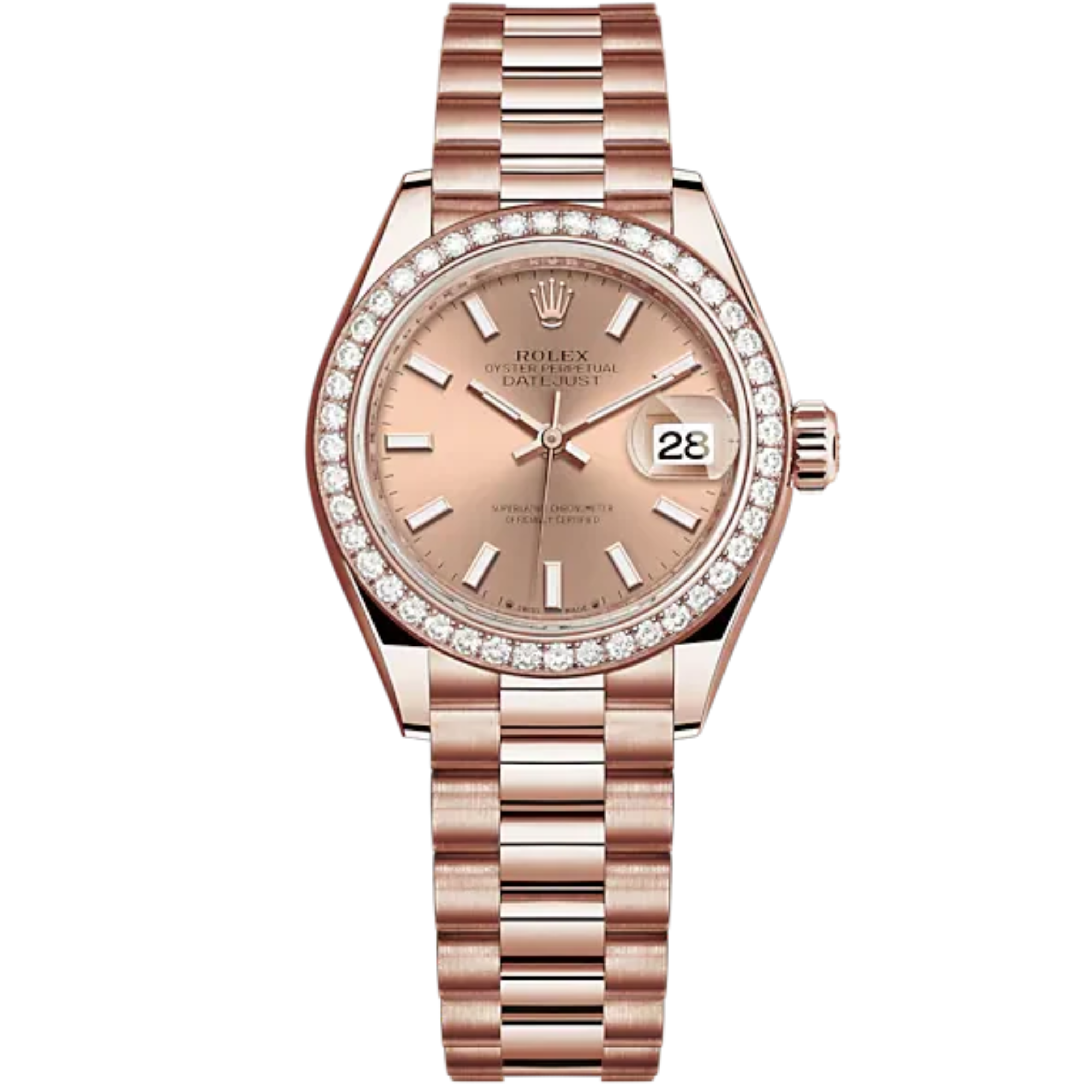 Lady-DateJust 28mm President Bracelet and 18 KT Everose Gold with Rosé-Colour Dial Diamond-Set Bezel - Rolex