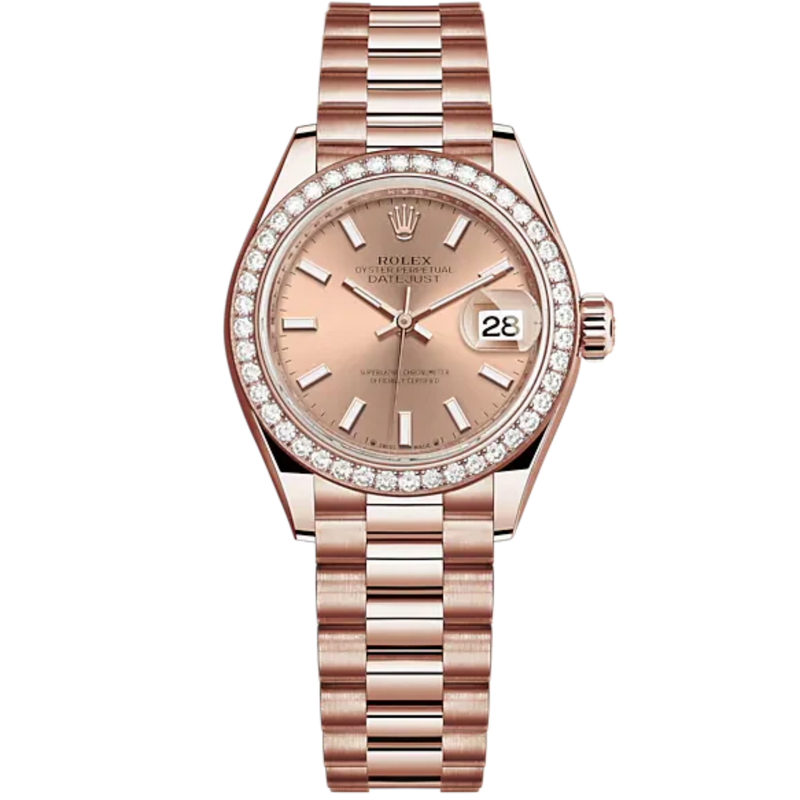 Lady-DateJust 28mm President Bracelet and 18 KT Everose Gold with Rosé-Colour Dial Diamond-Set Bezel - Rolex