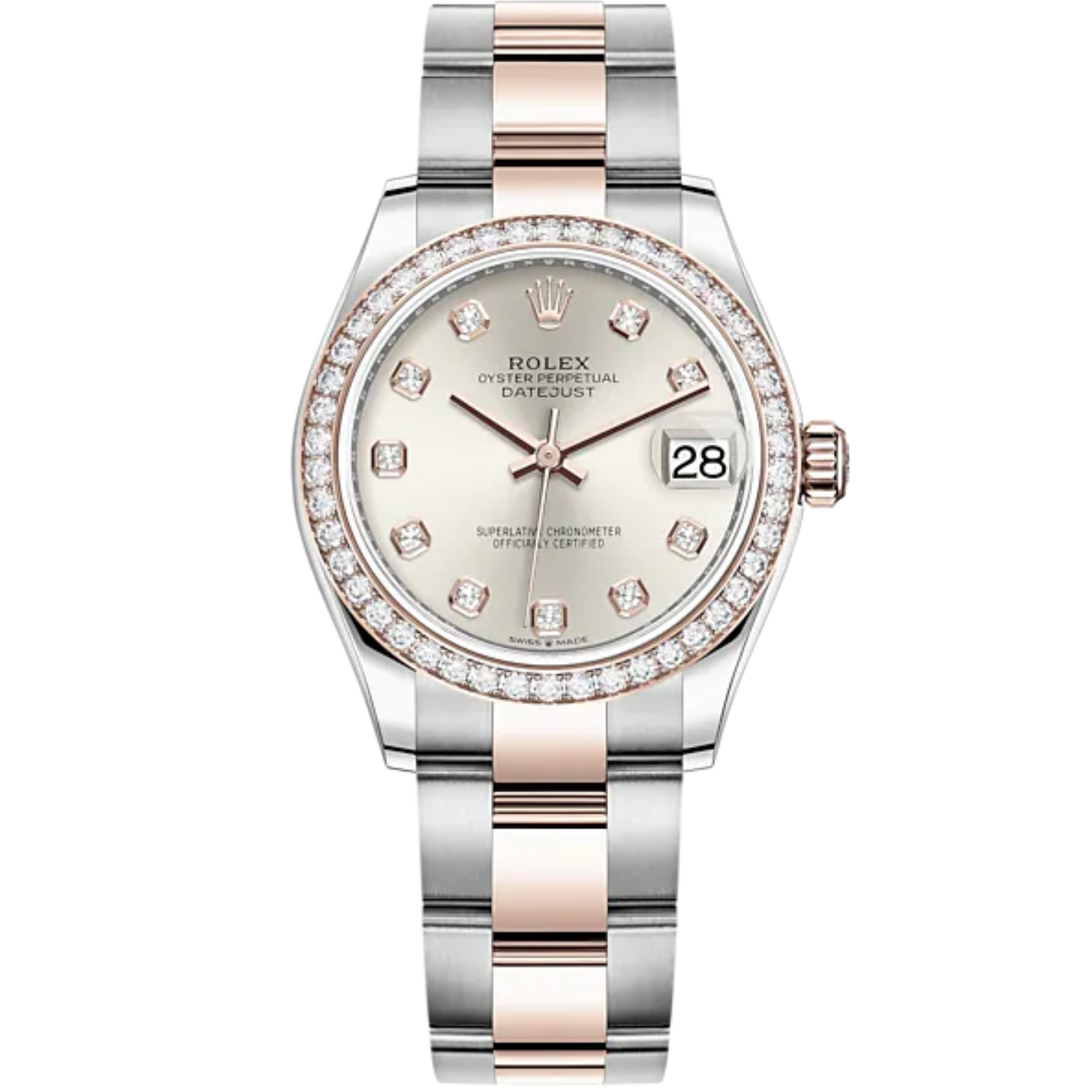 Datejust 31 31mm Oyster Bracelet Oystersteel and Everose Gold with Silver Diamond-Set Dial Diamond-Set Bezel - Rolex